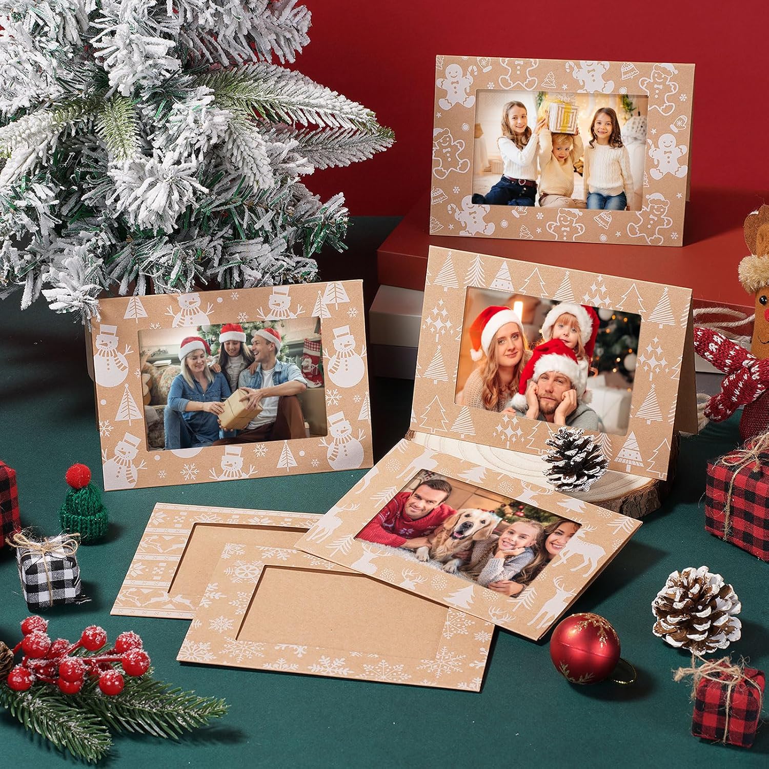 Mooliwe 48 Sets Christmas Photo Cards with Envelopes Stickers Christmas Cards with 4 x 6 Photo Insert Picture Frame Holders for Xmas Holiday Greeting Supplies (Simple,Brown,48 Sets)