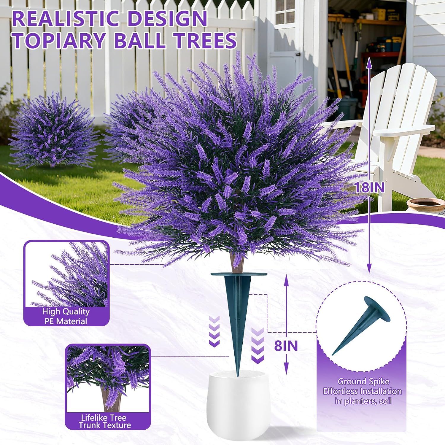 Grooy 2 Pack Artificial Lavender Topiary Ball with Ground Spike, UV Resistant Faux Outdoor Plant for Garden Patio Porch Decor, Free-Maintenance Fake Flowers