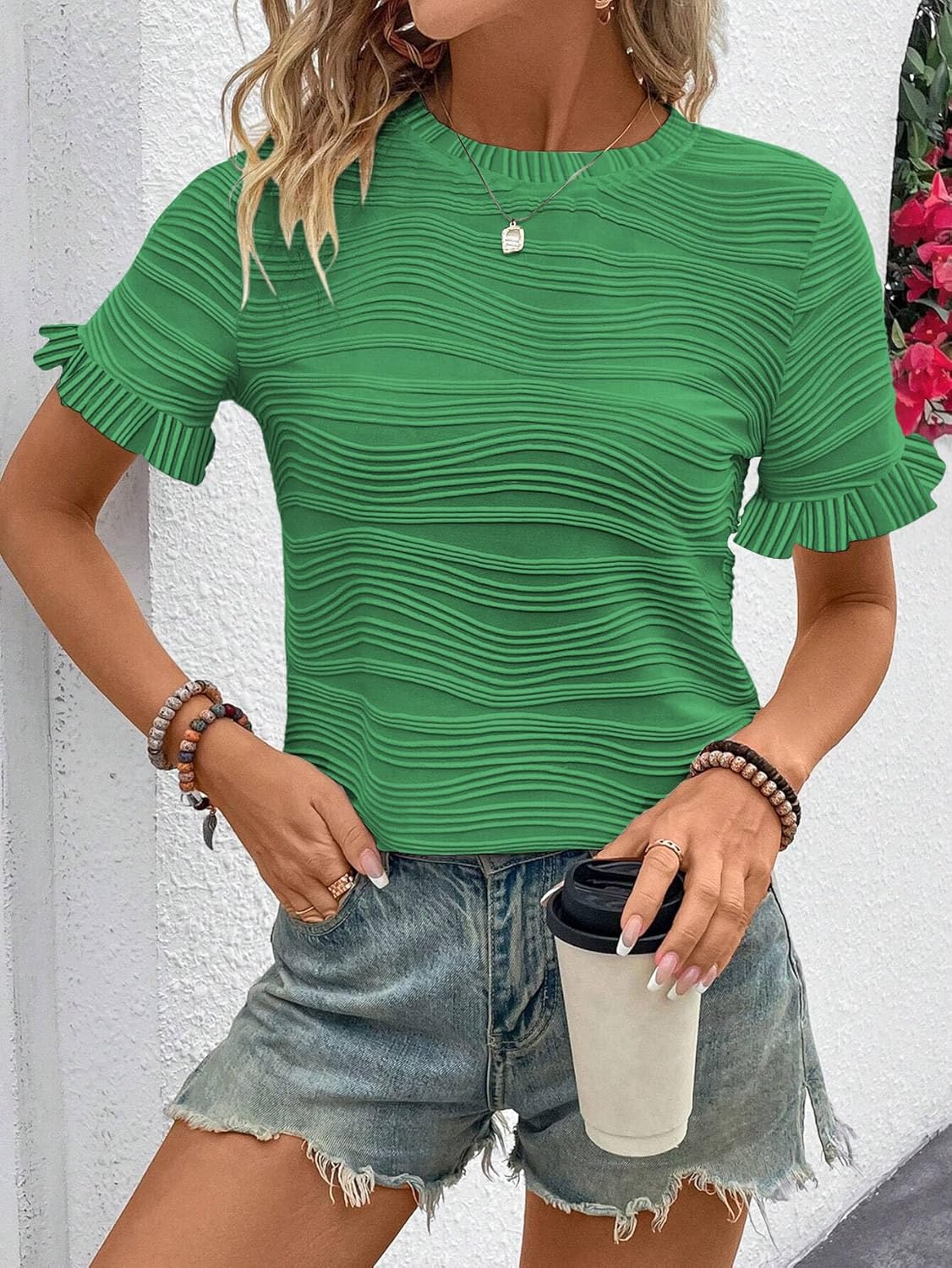 Samefar Womens Crewneck Texture Ruffle Shorts Sleeve Shirts Casual Loose Flowy Tee Tops Blouses Fashion Outfits Trendy - Image 5