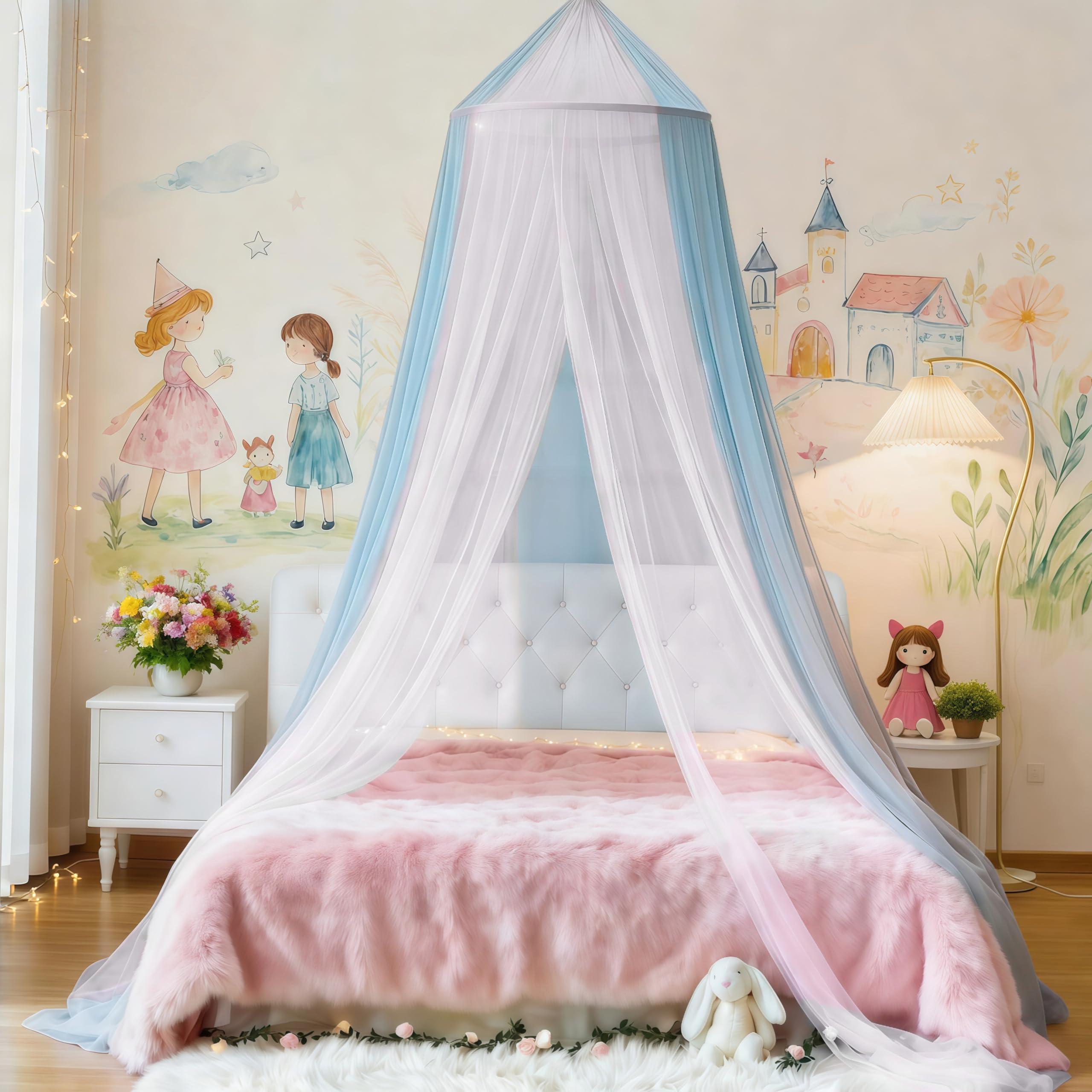 Two-Tone Bed Canopy Mosquito Net, Bed Canopy for Girls Room Decor - Insect Protection Hanging Canopy for Indoor(White+Blue)