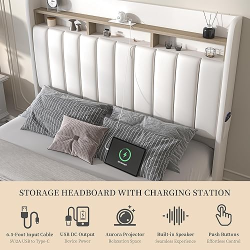 Miniatura 4 de Marco de cama Queen con cabecera de almacenamiento de 2 niveles, cama de plataforma Aurora de piel sintética con proyector Galaxy Star, marco de