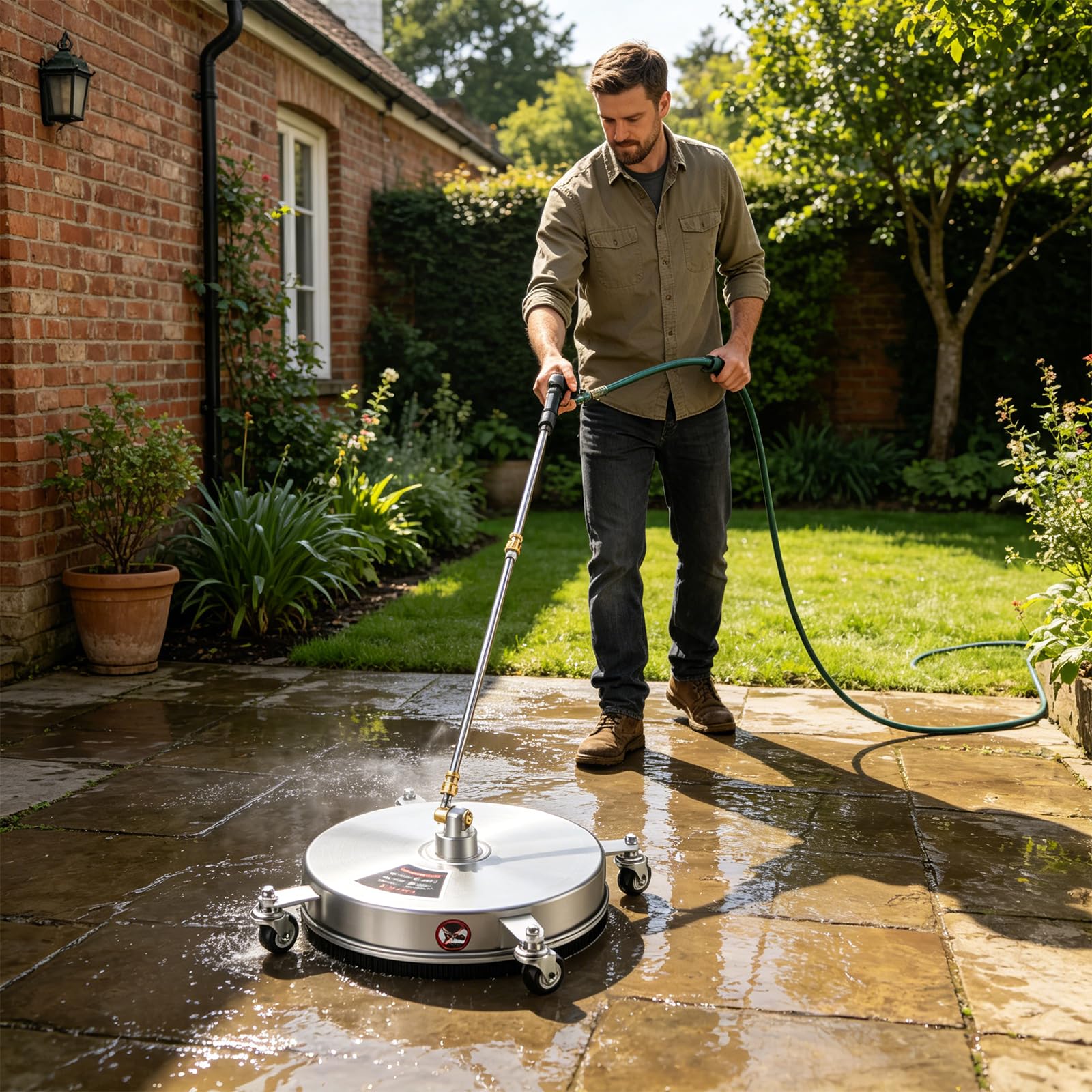 Limpiador Superficies para Hidrolavadoras, Limpiador Superficies 15" Máquina para Limpiar Adoquines con 4 Ruedas Carcasa Acero Inoxidable Conector Rápido 1/4 Pulgada y 2 Lanzas Extensión (15")