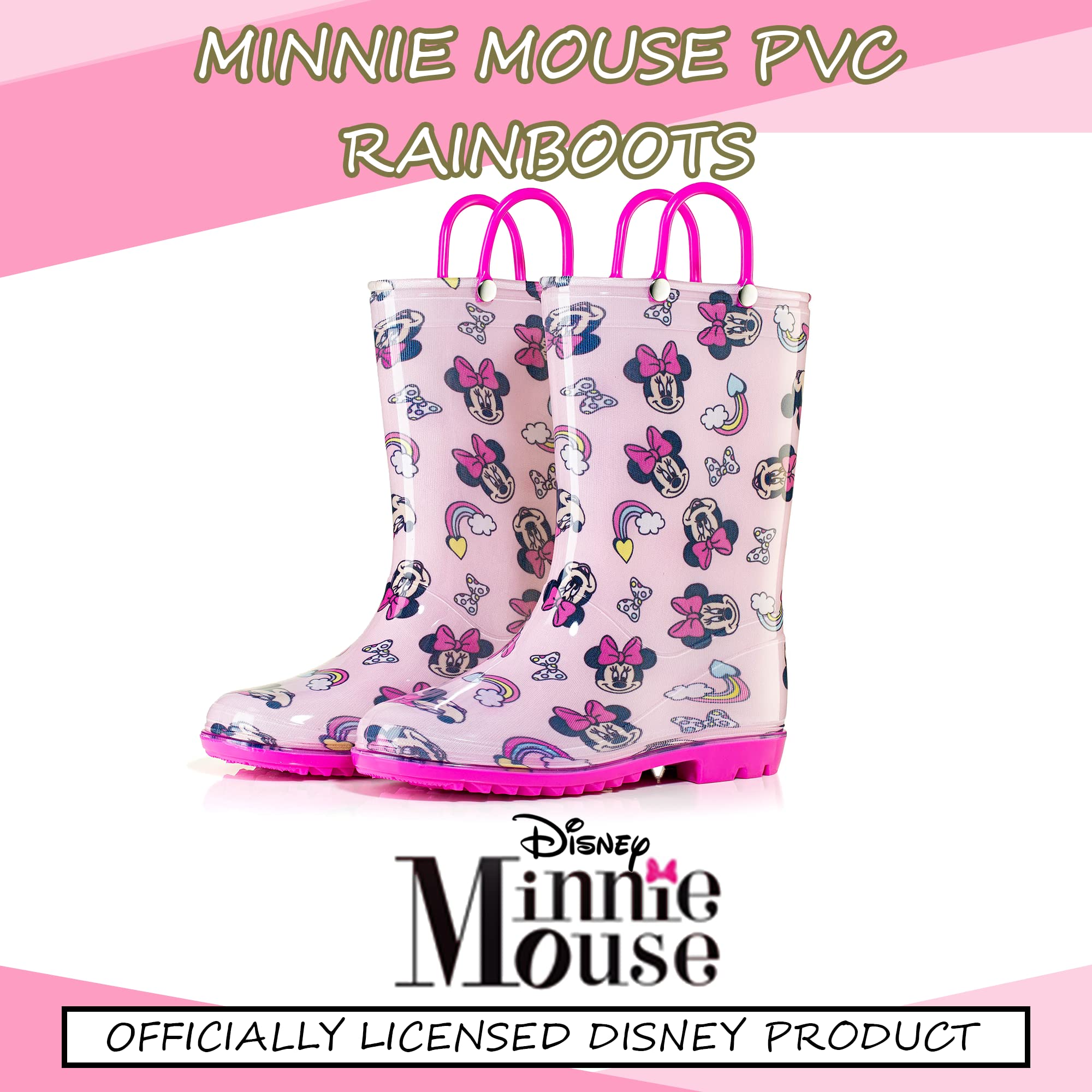 Disney Minnie Mouse - Botas de lluvia impermeables de PVC para niñas con asas fáciles de poner, tallas para niños pequeños y niños pequeños