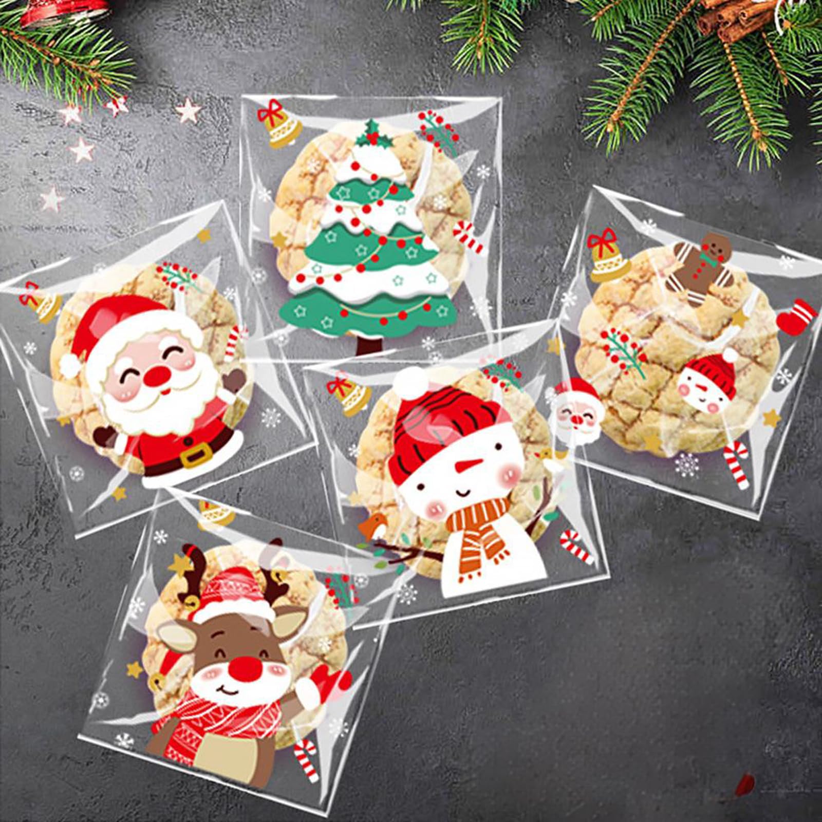 200Pcs Self-Adhesive Christmas Cellophane Bags & Christmas Cookie Bags Reindeer Food Bags Festive Sweet Snack Bag for Xmas