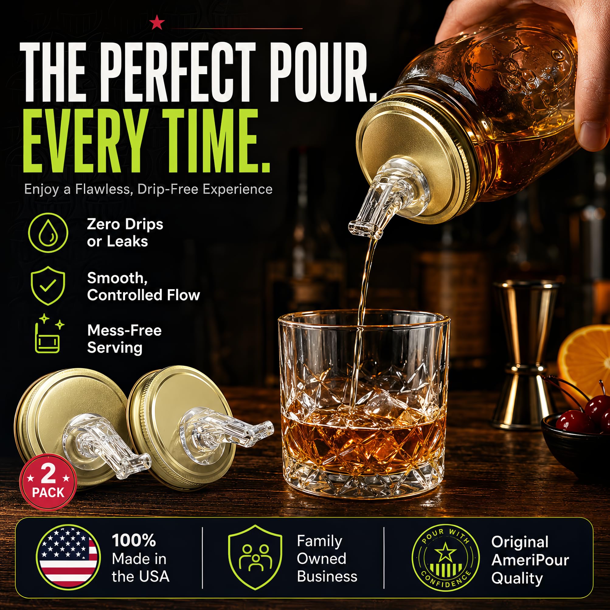 Mason Jar versa i beccucci con patta – per Moonshine e Whisky – Realizzato al 100% negli Stati Uniti – Beccucci per barattolo a flusso libero che non perdono – Nessuna crepa, solo un cocktail