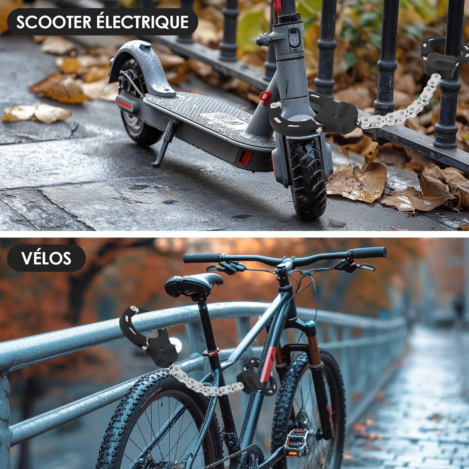 Antivol Trotinette Electrique, Cadenas Trotinette Electrique, Antivol Menotte avec Clés et Sac Etanche 3L, Accessoires Trottinette Electrique, Chaînes Antivols Velo pour Les Vélos,Motos,Scooter