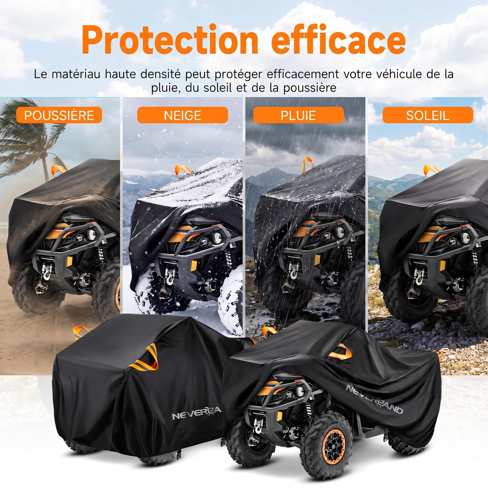 NEVERLAND Housse pour Quad ATV Imperméable XXXL, 256 x 110 x 120 cm | Bâche 210D Oxford avec revêtement PU, résistante à la pluie, neige et poussière, avec poignées réfléchissantes et sangle.
