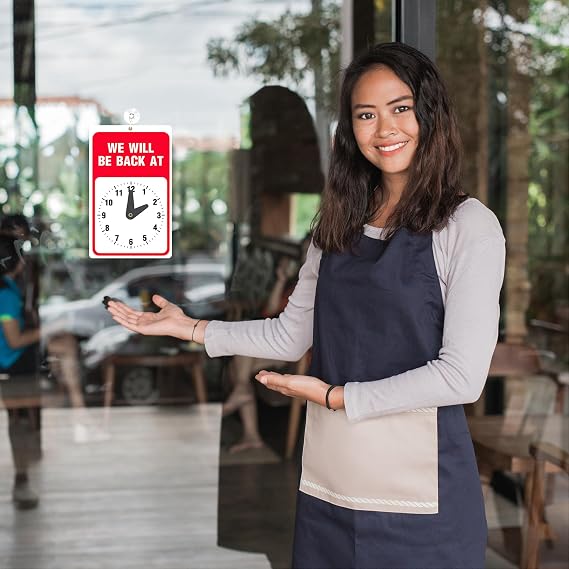 ASSURED SIGNS Will Return Clock Sign, 9.25 x 5.75 Inch, Be Back Soon Sign | Prevents Lost Sales, Adjustable Clock Shows Return Time, High Visibility Red & White, Includes Suction Cup, Double-Sided