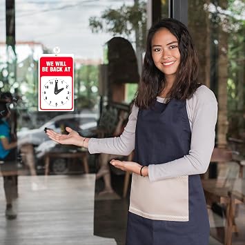 ASSURED SIGNS Will Return Clock Sign, 9.25 x 5.75 Inch, Be Back Soon Sign | Prevents Lost Sales, Adjustable Clock Shows Return Time, High Visibility Red & White, Includes Suction Cup, Double-Sided
