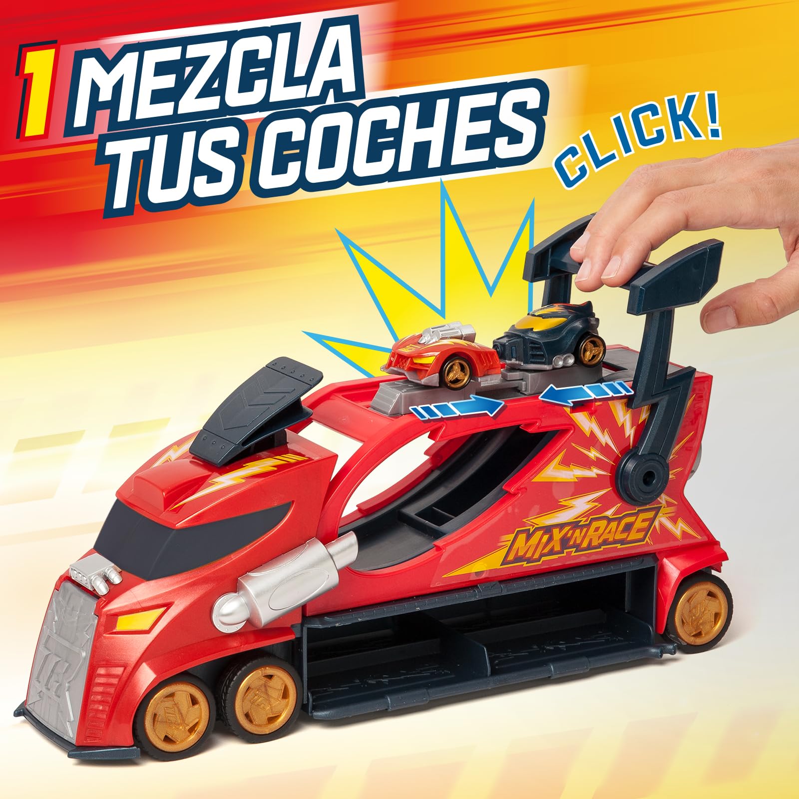 T-Racers Mix ´N Race Thunder Truck– Camión Lanzador con 3 acciones en 1. Incluye 1 vehículo T-Racer Mix ´N Race Exclusivo, Zona para Montar vehículos, Tirador para lanzarlos y Espacio para 7 Coches