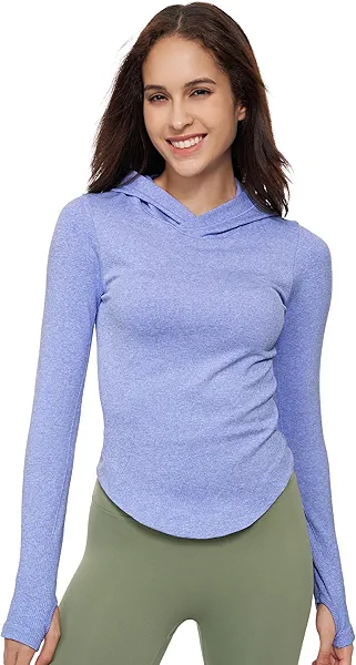 Womens Hooded Athletic Long Sleeve Running Shirts Workout Yoga Tops with Thumb Holes Slim Fit