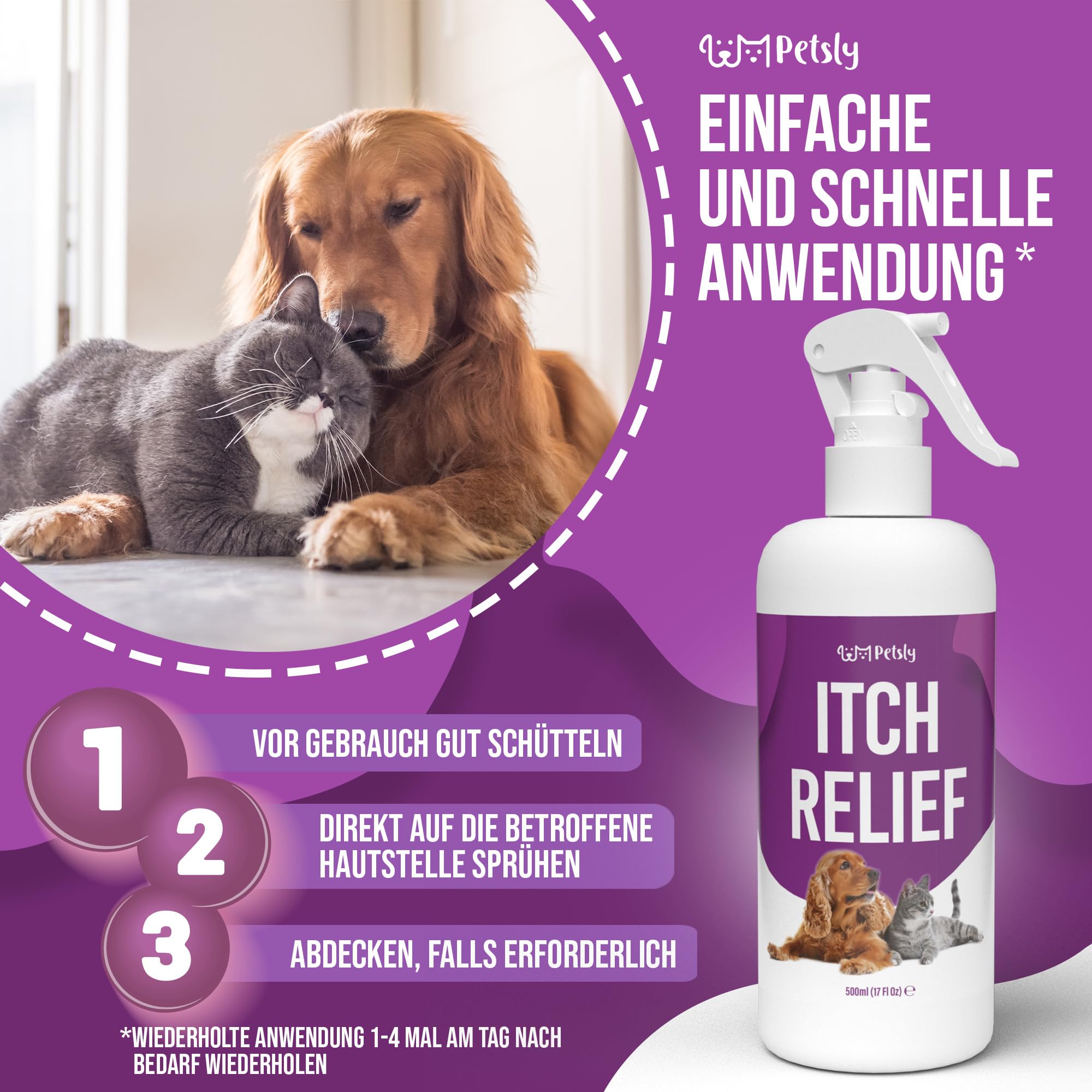 Petsly Anti Juckreiz Spray für Hunde & Katzen 500ml - Sofortige Linderung bei juckender Haut, Grasmilben & Hautreizungen - Mit beruhigender Aloe Vera für empfindliche Tierhaut