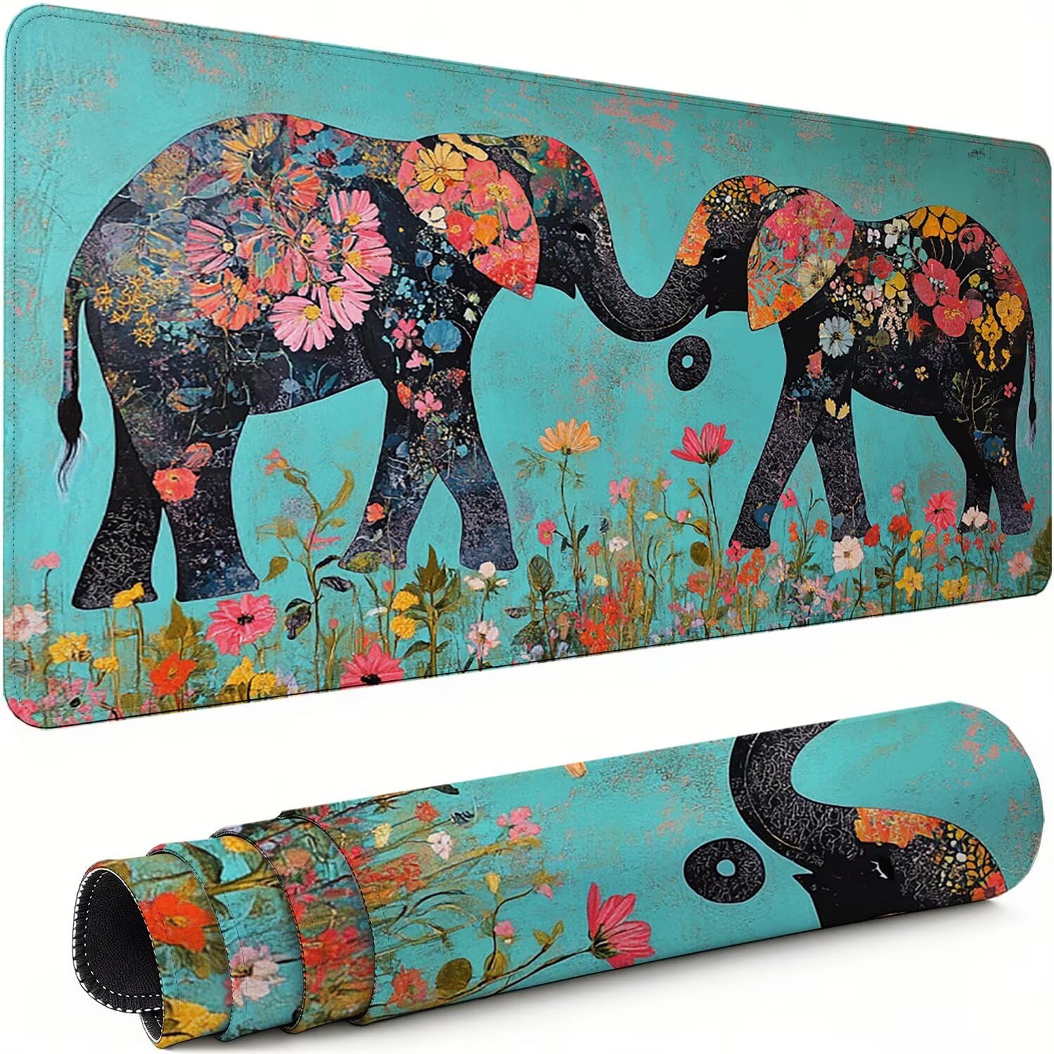 Podkładka pod mysz XXL, 1400 x 600 x 3 mm, słoń, antypoślizgowa, wodoszczelna, kwiaty z gumowym spodem, cicha, ergonomiczna praca na biurku, do gier, biura domowego i biura, xg-589