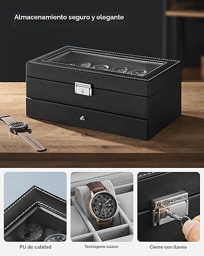 Miniatura 4 de SONGMICS Caja de reloj Organizador de 12 relojes de hombre Joyero con cerradura y llaves Negro UJWB012
