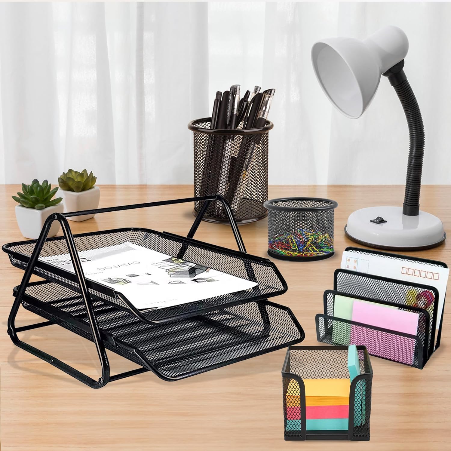 Kuber Industries Zestaw 5 szt., 2-poziomowy metalowy organizer na biurko, stojak na dokumenty, spinacze do papieru i długopisy, stojak na wizytówki, stojak na gazety i czasopisma do biura