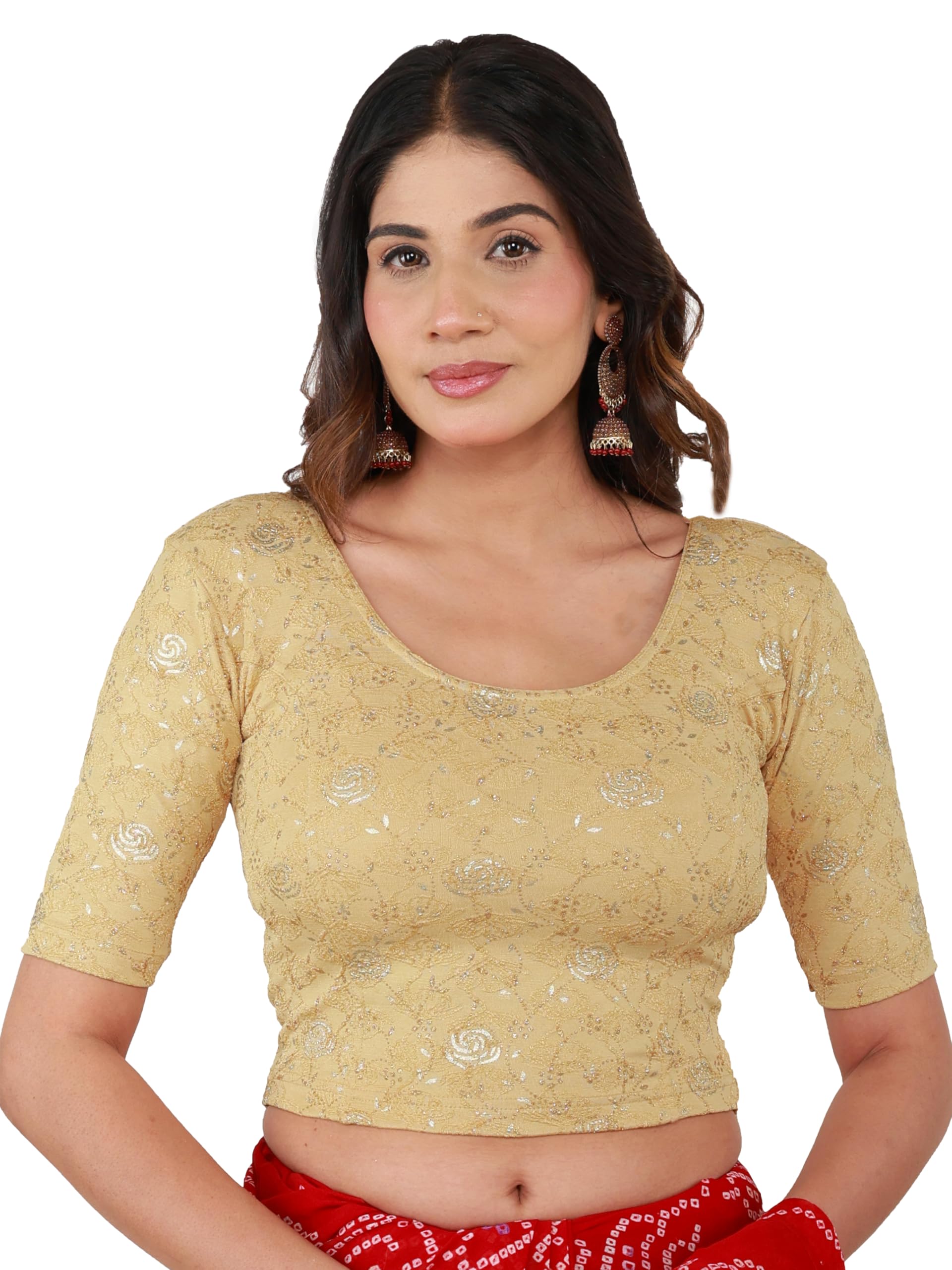 Women's Pink Stretchable Body Fit Blouse, Floral Print, Round Neck, Half Sleeves-picture-55