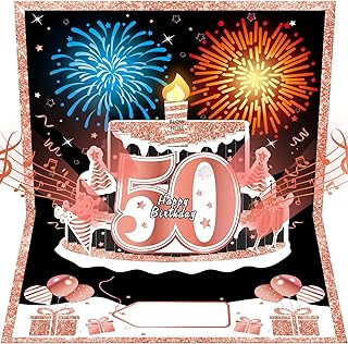Uiorgui 50th Birthday Cards Pop Up 3D Cake Happy 50th Birthday Card Blowable Candle & Fireworks & Lights & Musical Greeting Card Gifts for 50 Year Old Women Wife Mom Sisters Friends, Black Rose Gold