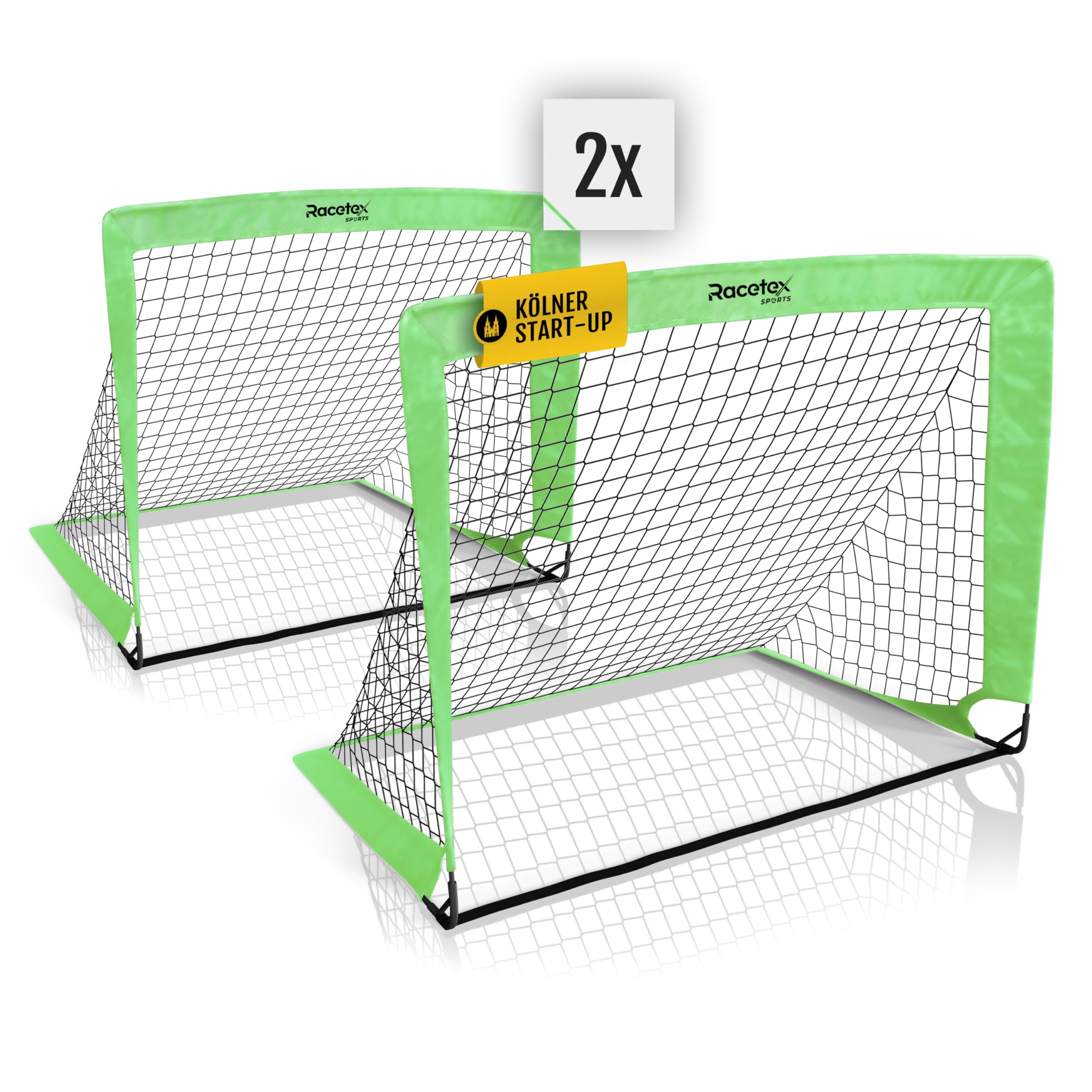 Racetex 2er Fußballtor Kinder Set - Fußball Tore inkl. nützlicher Tasche zum Transportieren - Version mit verstärkten Glasfaserstangen - Fussballtore für den Garten oder Park (Neongrün)