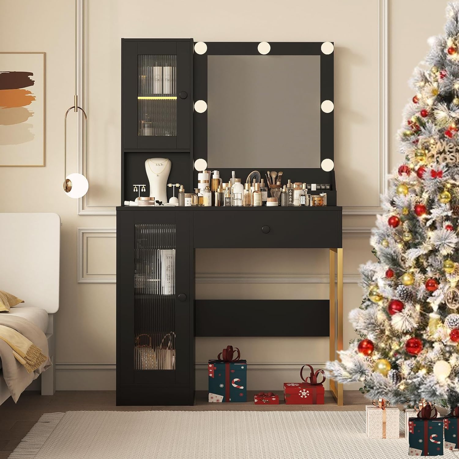 IDEALHOUSE Makeup Vanity Desk with Mirror and Lights, Vanity Table with Charging Station, 2 Open Compartments, 2 Acrylic-Door Cabinets, and RGB Lights Wood Dressing Table for Bedroom