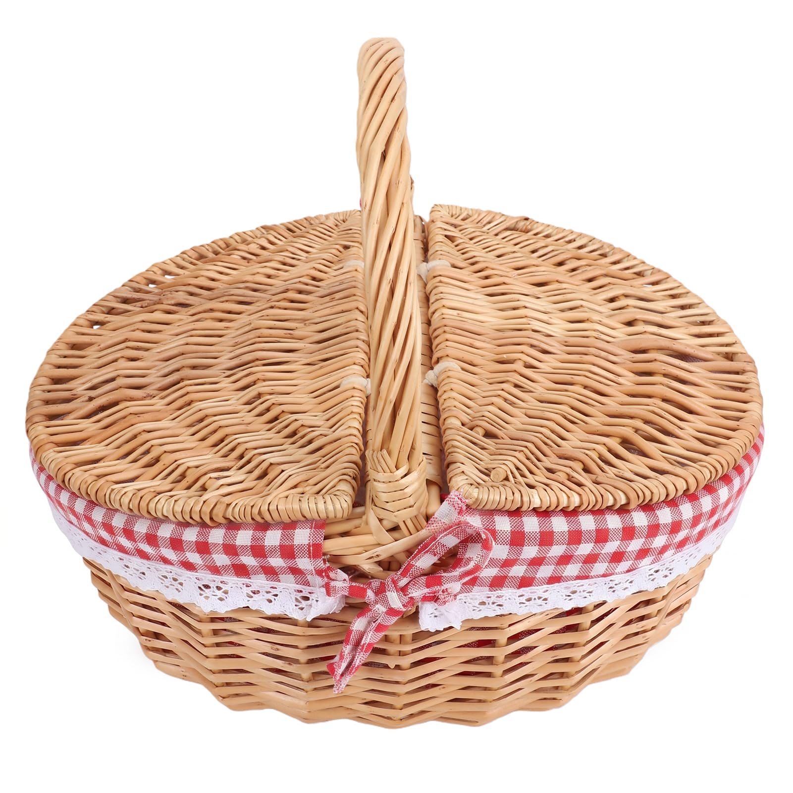 Generic Cestino da Picnic in Vimini Elegante Doppio Coperchio e Manico per Campeggio, Raccolta di Verdure, 13,19x9,65x11,81 Pollici (Griglia Rossa)