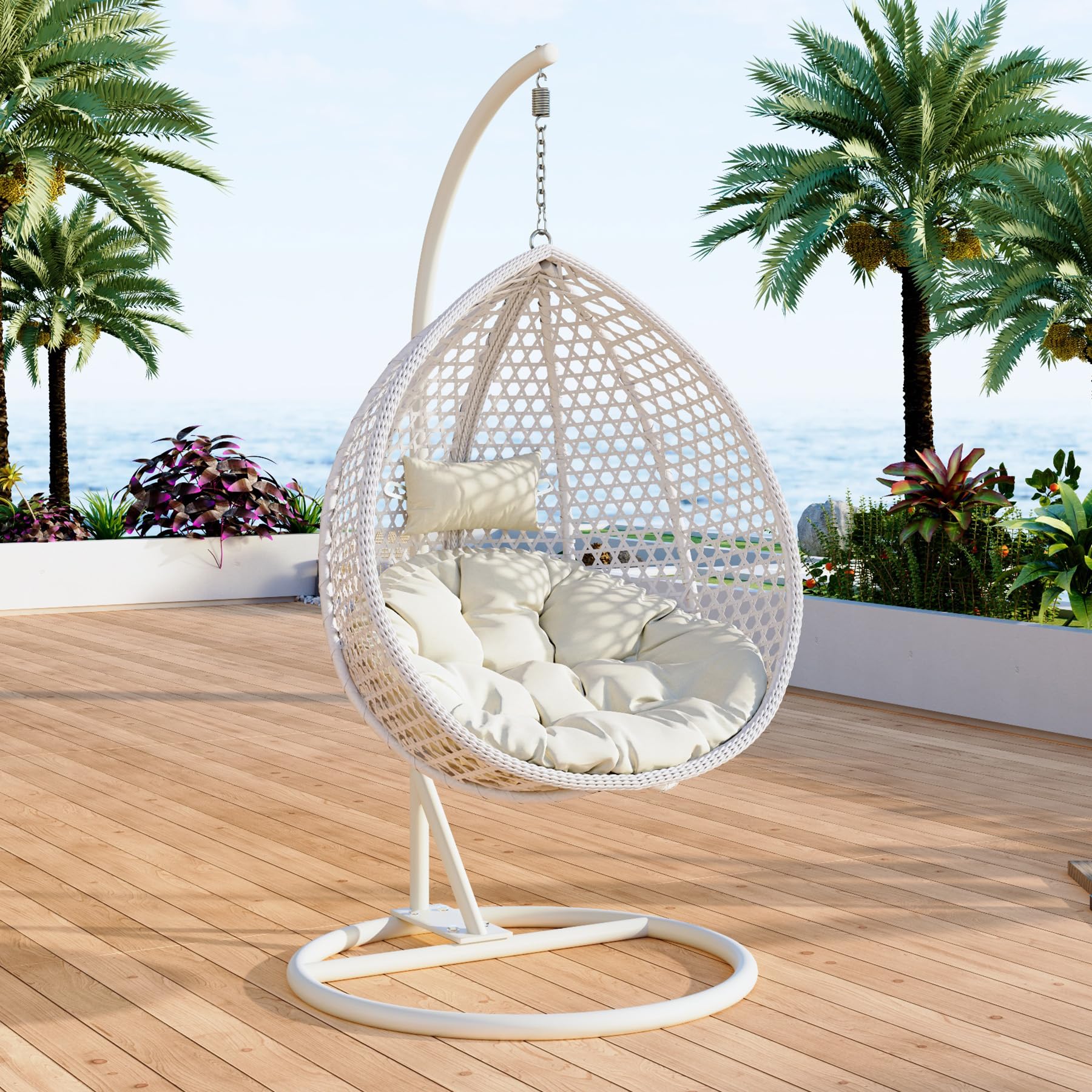 Hanging Egg Chair Outdoor Indoor,Wicker Swing Egg Chair with Stand, 300lbs Capacity for Bedroom Patio Garden Balcony Yard (White)