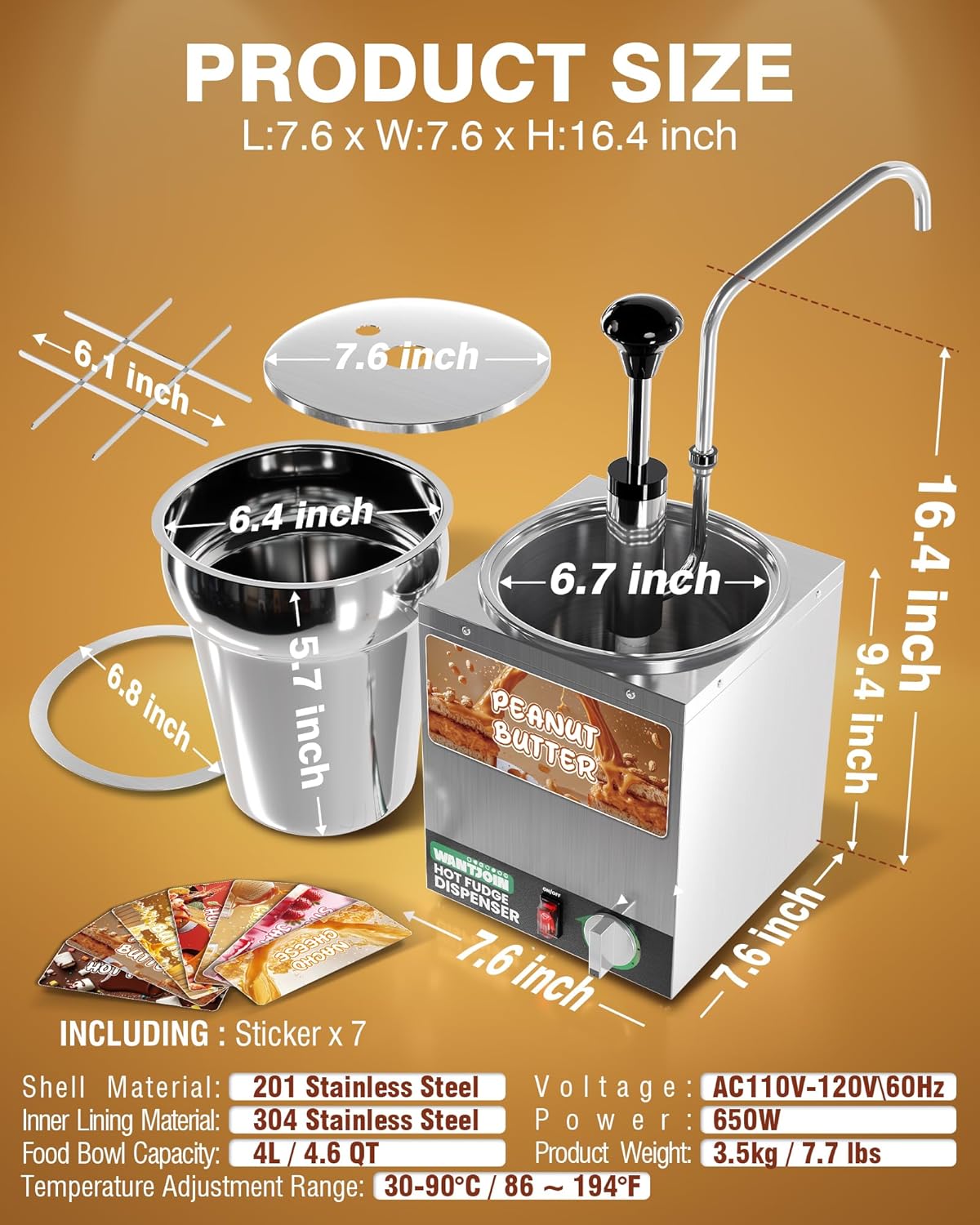 WantJoin Nacho Cheese Dispenser with Pump - 4.6QT Commercial Stainless Steel Warmer with 86-185°F Temperature Control for Hot Fudge, Caramel & Sauces
