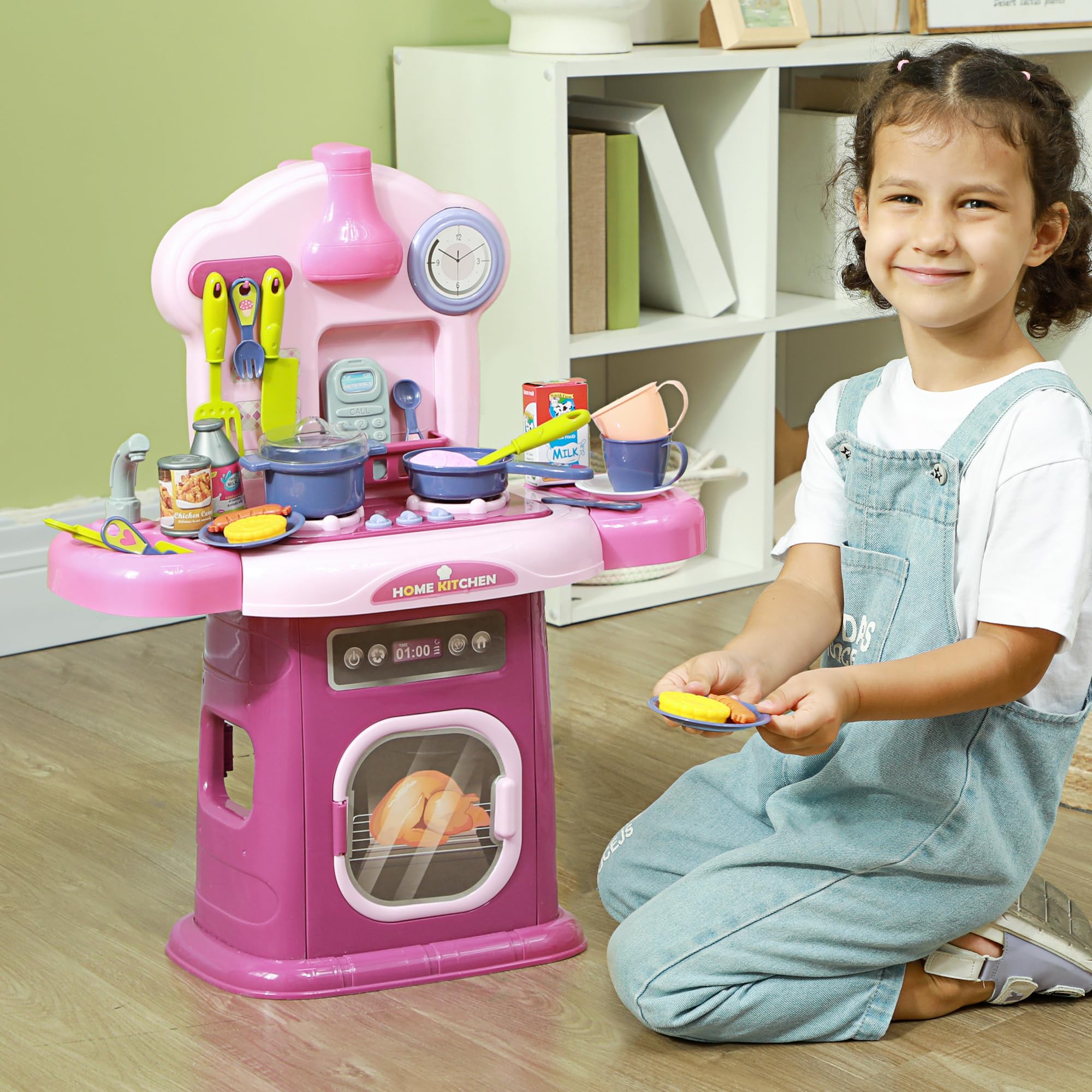 AIYAPLAY Cucina Giocattolo per Bambini 3-6 Anni con 38 Accessori, Suoni Realistici e Luce del Fornello, Gioco per Bambini in PP e ABS, 51x21x60 cm, Rosa