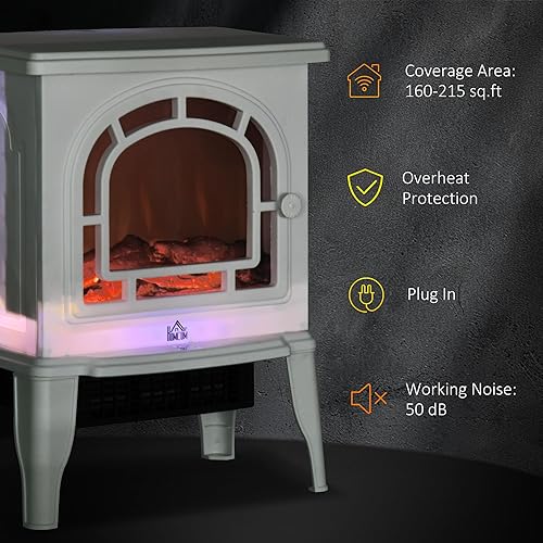 Miniatura 4 de HOMCOM Estufa eléctrica de chimenea de 18 pulgadas, calentador de chimenea independiente con llama LED realista, temperatura ajustable, protección