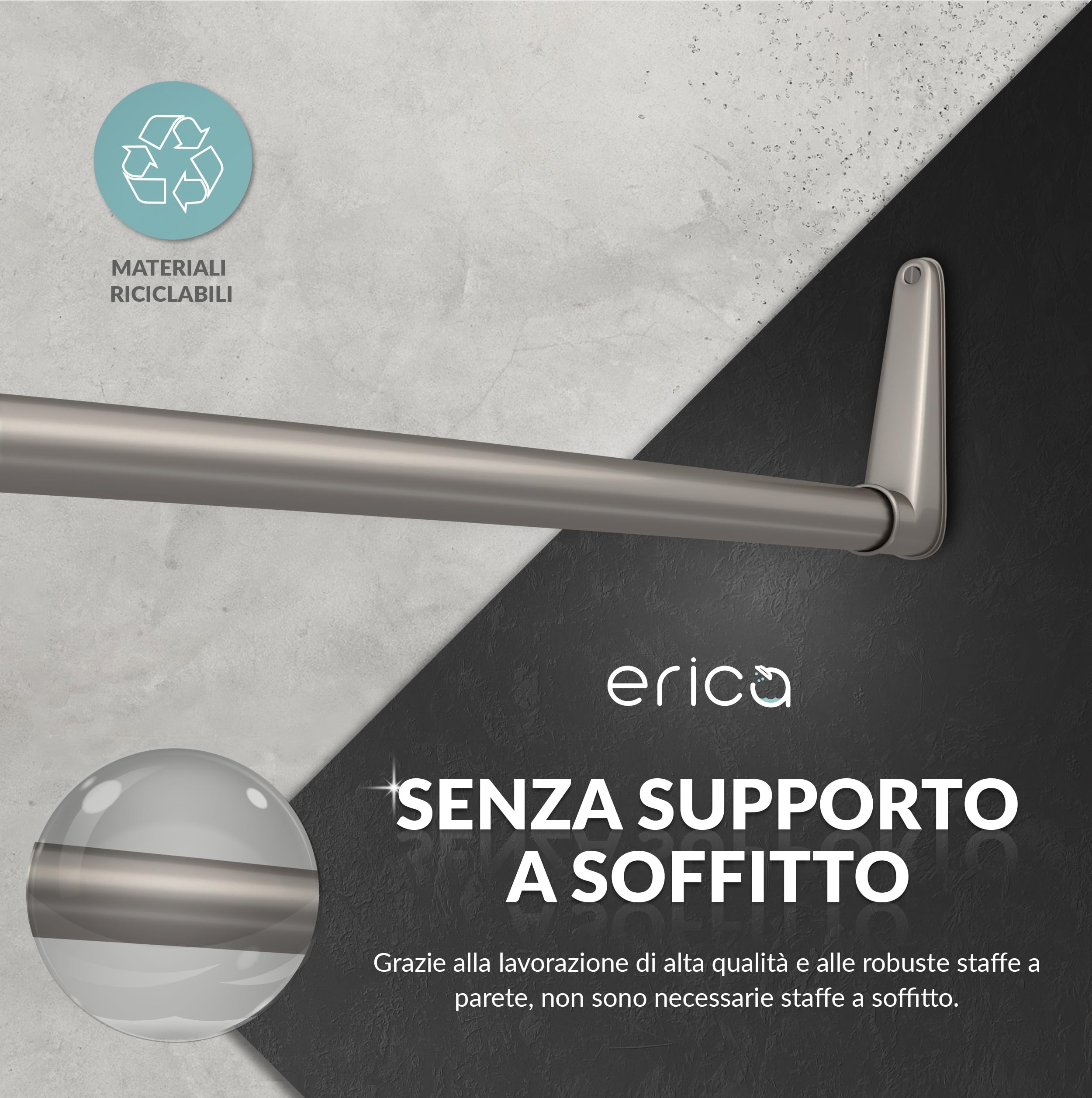 Erica Asta Angolare per Tenda Doccia 140x140 cm - 100% Antiruggine - Nero | 140x140cm, Montaggio a Parete, Senza Fissaggio al Soffitto, Asta Doccia Curva, Acciaio Verniciato a Polvere, 100% Antiruggine