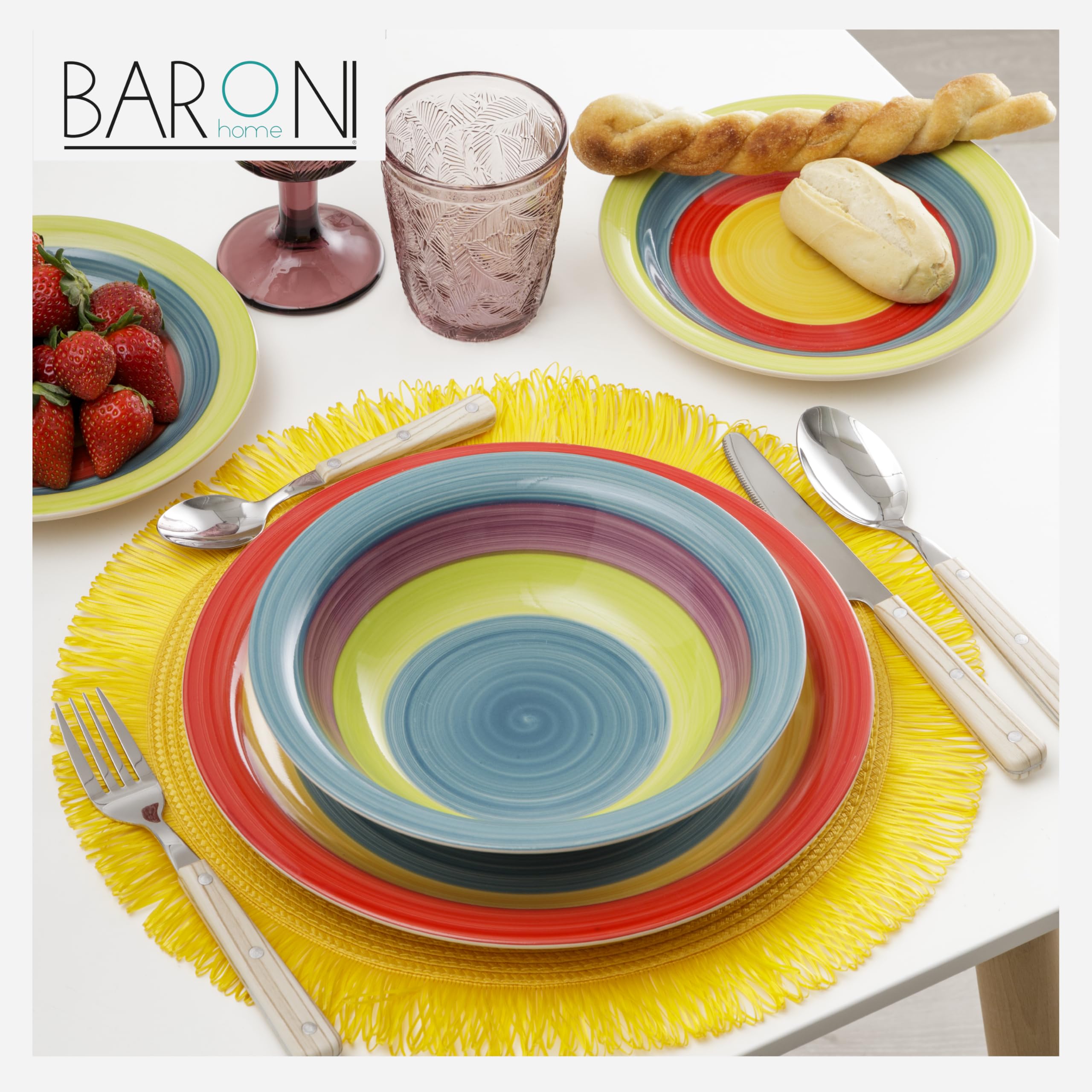 Baroni Home Servito di Piatti da 18 pezzi in Ceramica, Servizio da Tavola Decorato per 6 Persone, Piatto Fondo, Piano, da Frutta o Dolce, Stile Arcobaleno