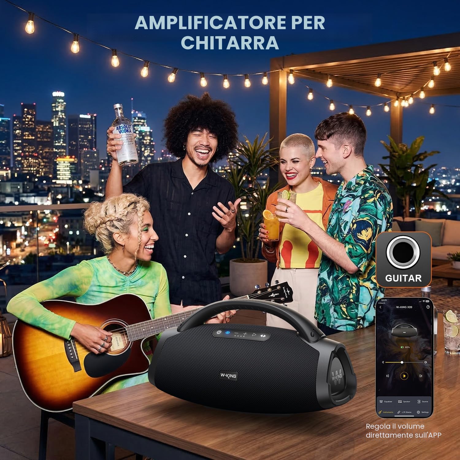 W-KING 330W MAX 200W RMS Cassa Bluetooth Potente Portatile Altoparlanti con 7.5'' Subwoofer/40Hz Deep BASS/APP/IPX7 Impermeabile/30H/BT 5.4/Ingresso Mic/Chitarra/OTG/AUX/TF, Party Wireless Speaker