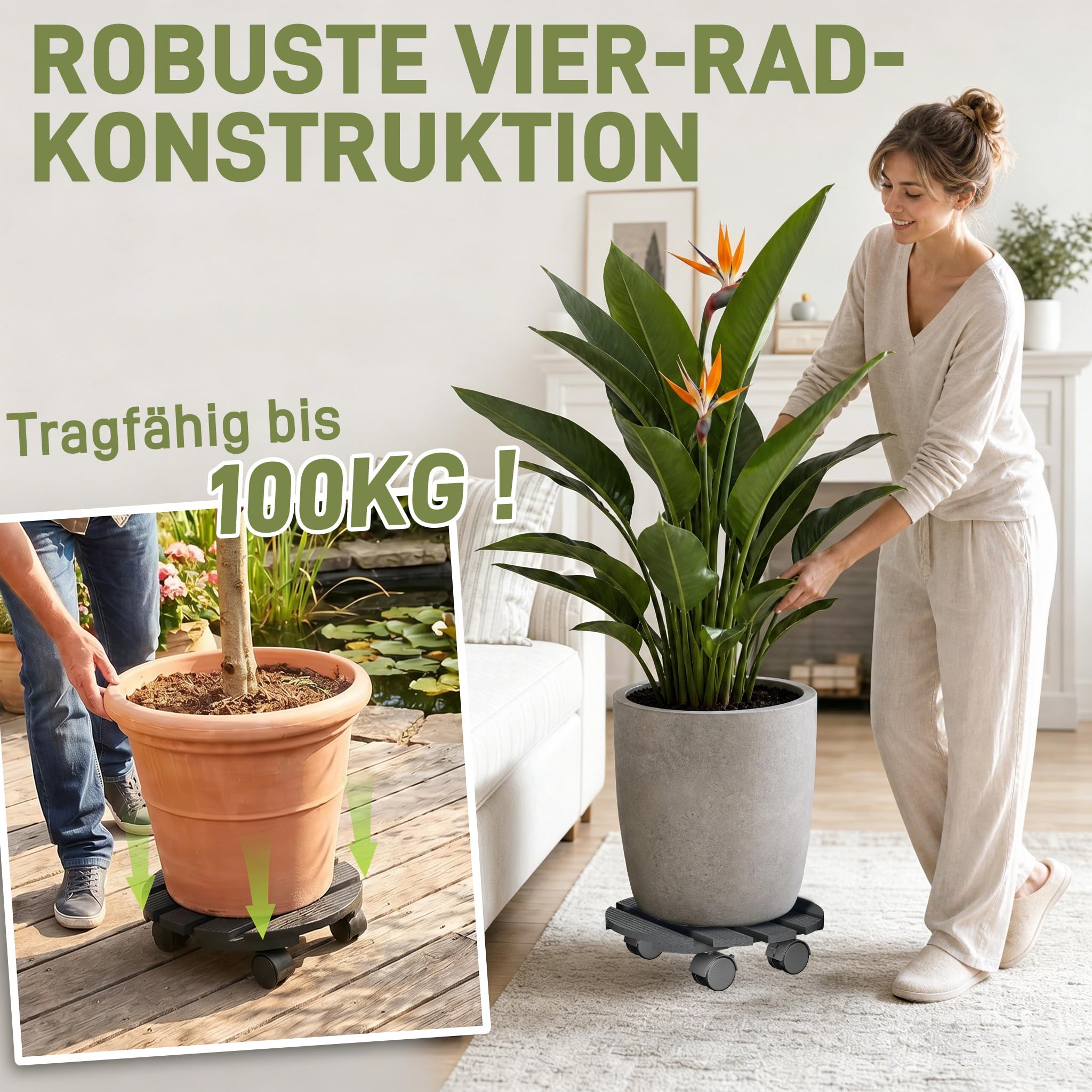 XMTECH 2x WPC-Pflanzenroller Witterungsbestaendig 100 kg Tragkraft, Pflanzenroller & Blumenroller ø30cm für Außenbereich + Innenbereich, Rollbrett Pflanzen, Untersetzer mit Rollen, Rund, Anthrazit