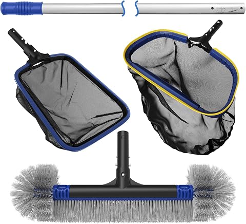 Poolvio 5-in-1 Pool Cleaning Kit with Skimmer Net, Leaf Rake, Pool Brush, and Ad