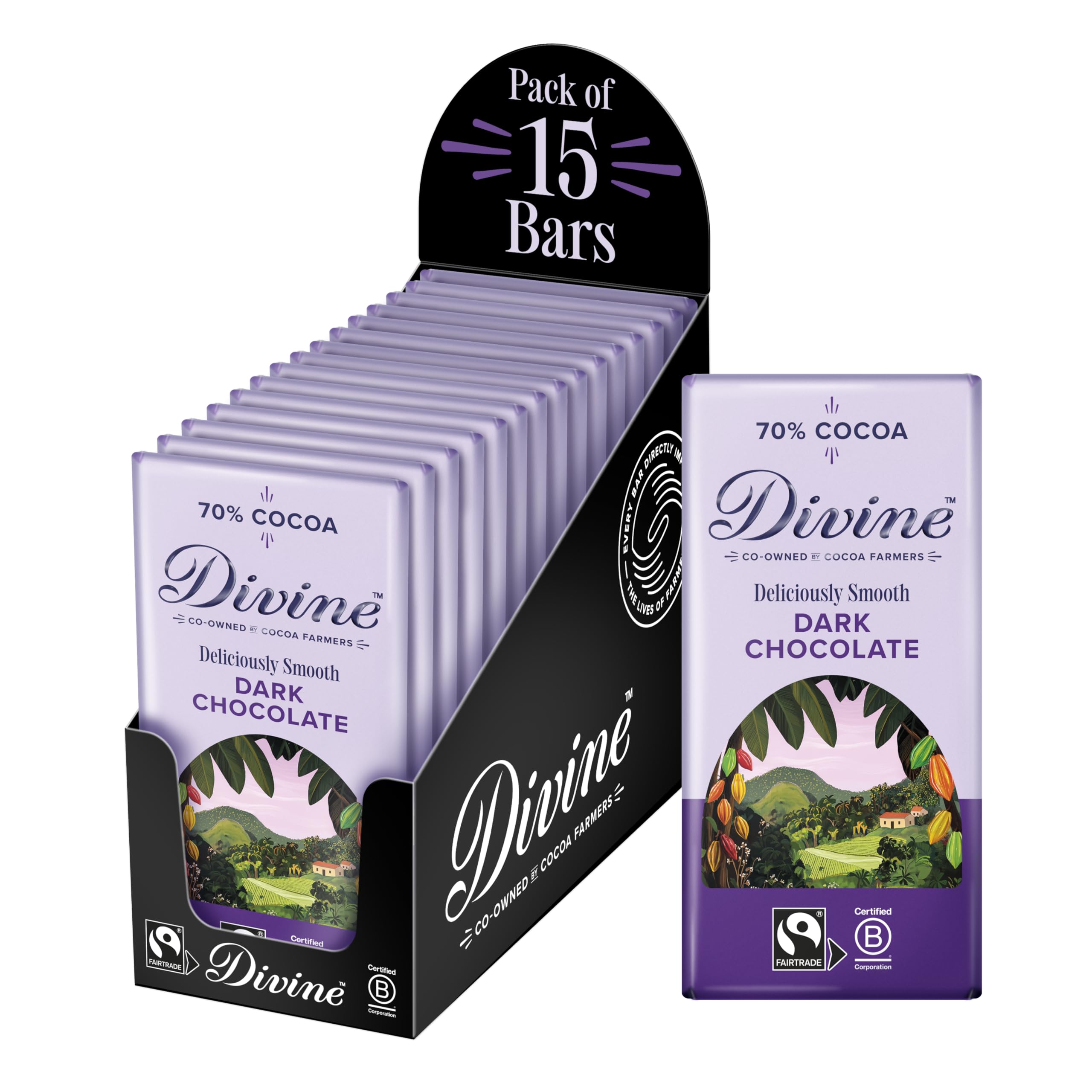 Divine 70% Cocoa Dark Chocolate 15 x 90g Bars – Fairtrade Dark Chocolate – Smooth Rich Flavour – Ethical Premium Chocolate