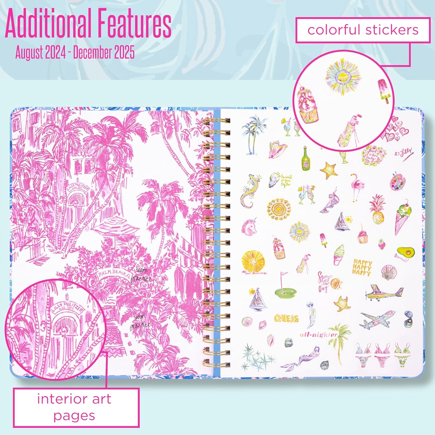 Lilly Pulitzer Daily Planner Dated August 2024 - December 2025, Weekly Agenda with Monthly Calendar, Stickers, Pockets, & Spiral Binding, A Lil Nauti