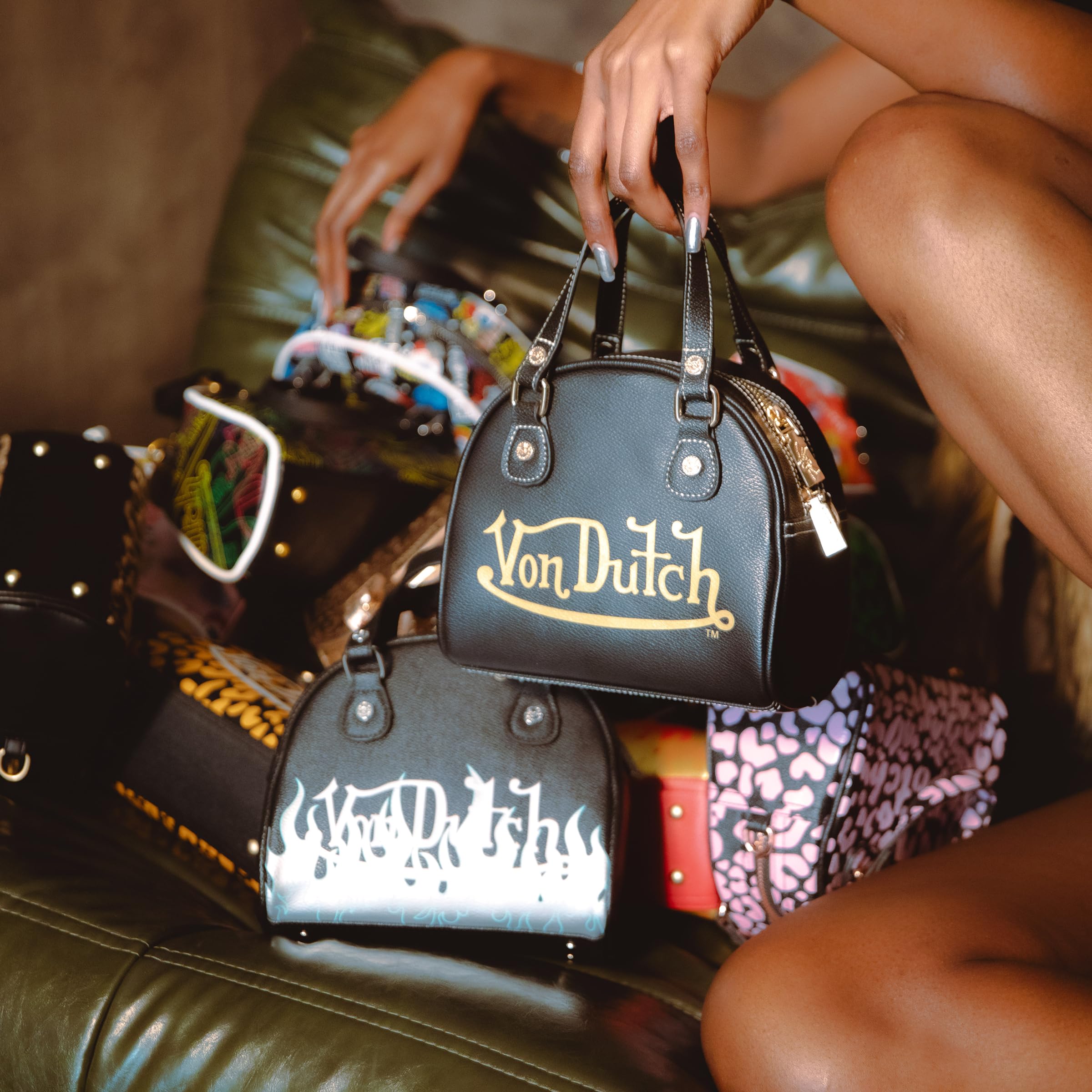 Von Dutch Womens Cow Print Bowling Bag Purse - Stylish Women's Handbag with Adjustable Strap, Spacious Interior, and Vegan Faux Fur (Black)