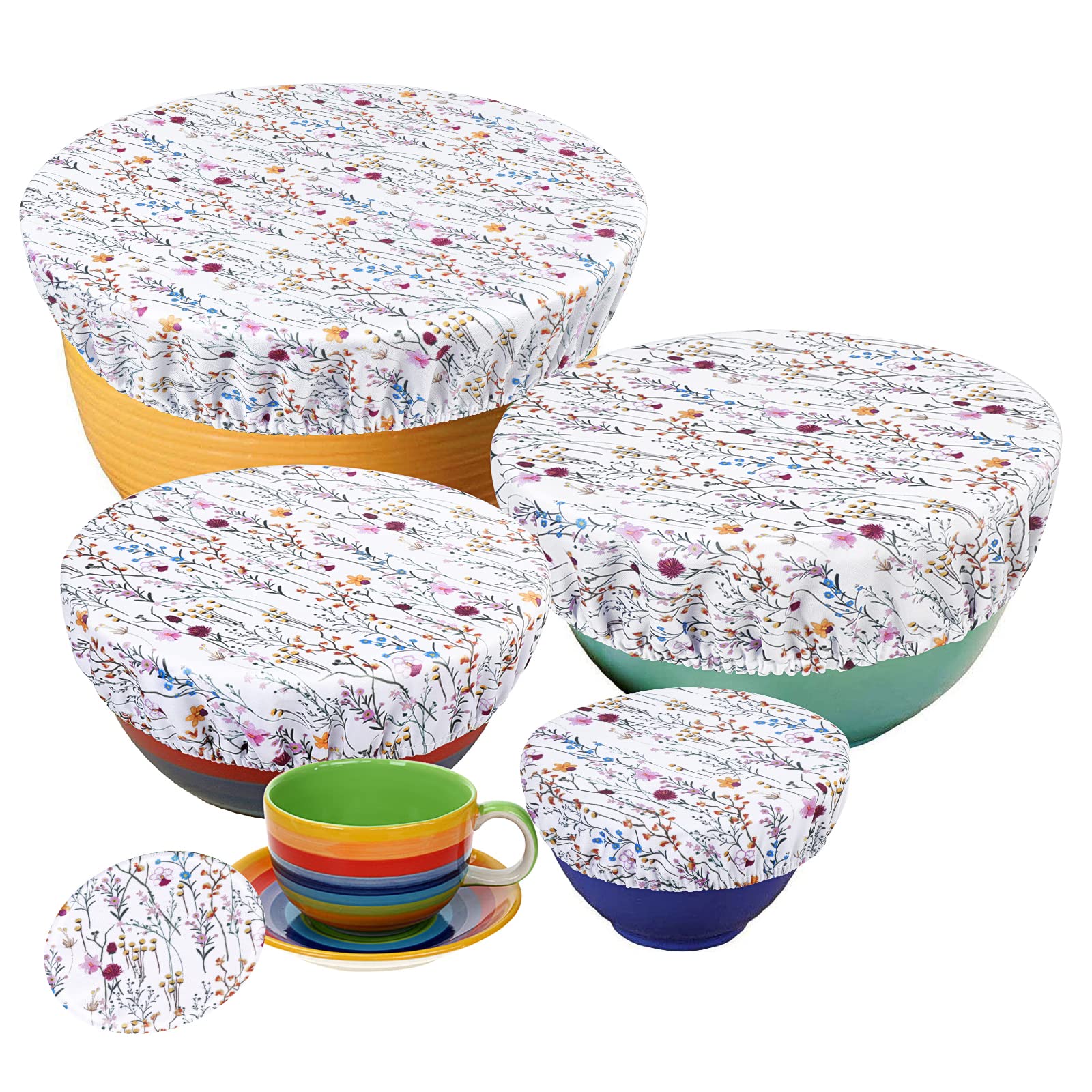 PHOGARY Set of 5 Reusable Food Cover, Elastic Fabric Covers Multi Purpose Food Storage Dish Covers Can Lids, Fruit Vegetable Meat Preservation Fresh Keeping Cover Elasticated, Floral — image 1