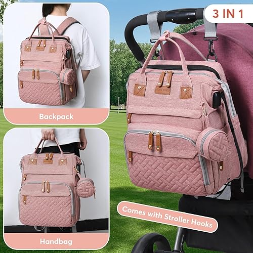 Miniatura 5 de Mochila para pañales con cambiador, mochila grande para pañales de viaje impermeable con puerto de carga USB, Rosado, Moderno