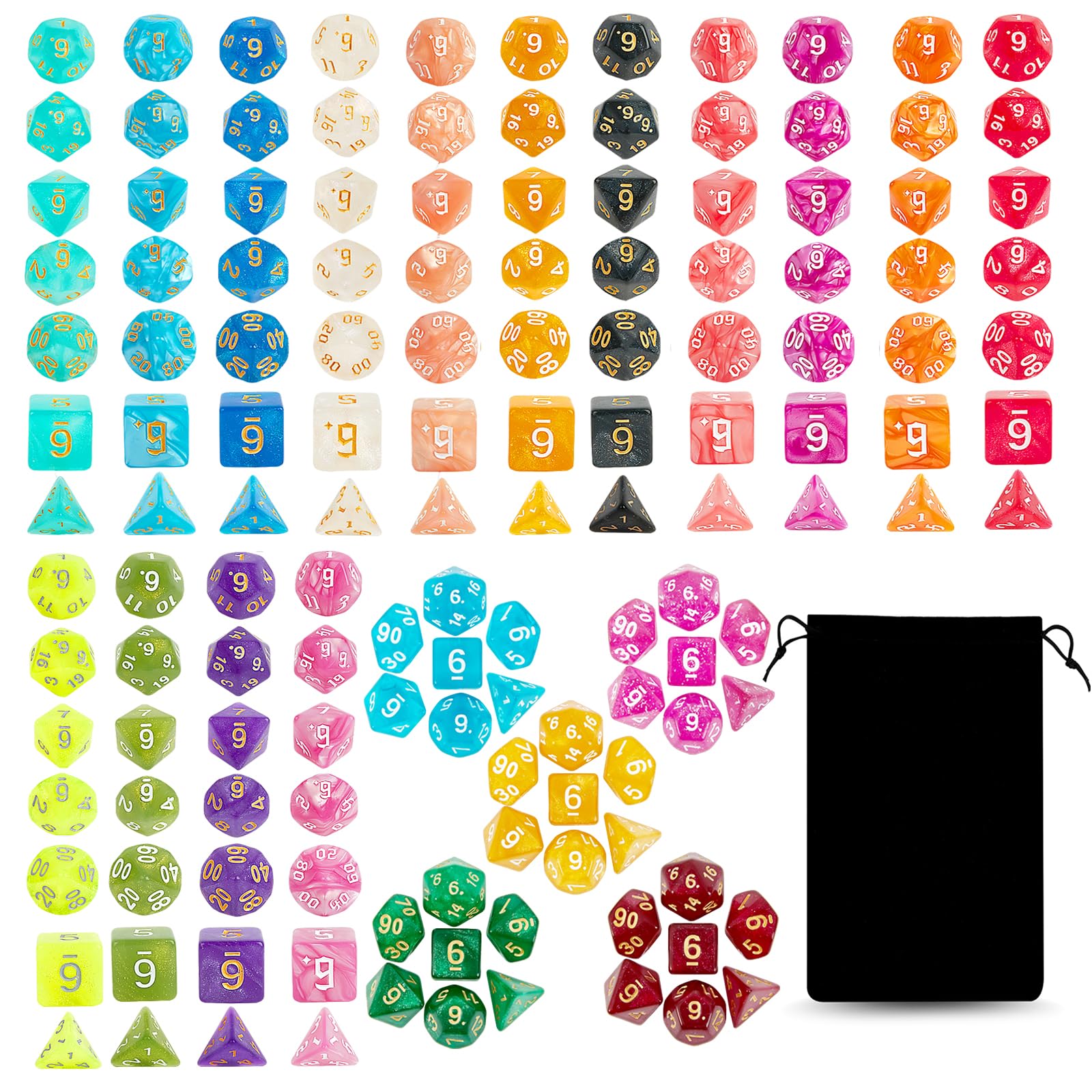 DND Dice Set,20x7 (140 Pieces) Polyhedral Dice with a Large Drawstring Bag Great for Dungeons and Dragons, Role Playing RPG MTG Table Game（20 Colors）