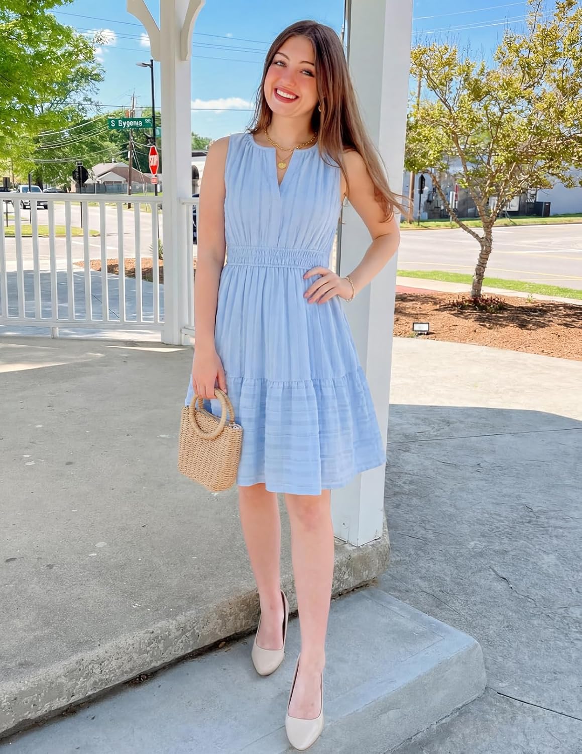 MEROKEETY Women's 2026 Summer Casual Mini Sundress Beach Vacation Sleeveless V Neck Flowy A Line Dress with Pockets - Image 5