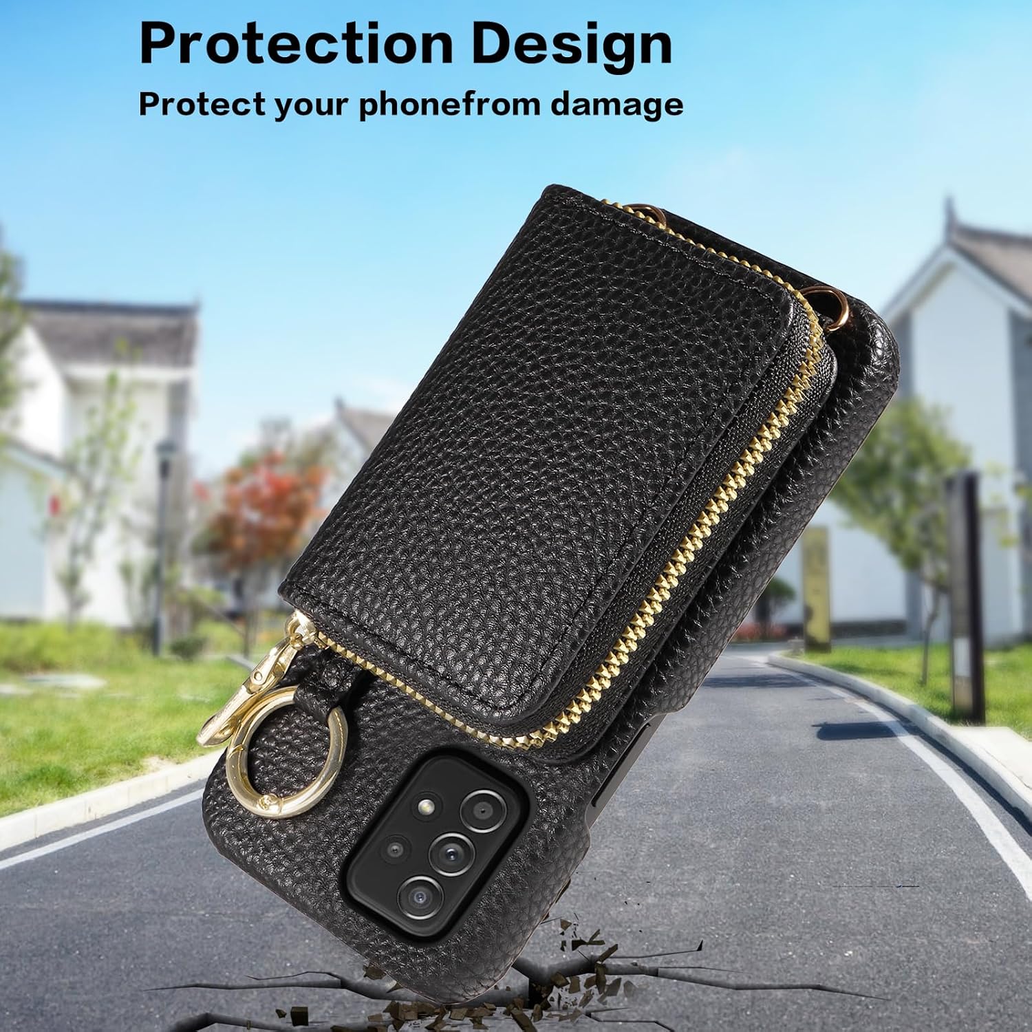 Wallet Case for Samsung Galaxy A52/A52S 5G with Shoulder Strap Ring Buckle, PU Leather Zipper Organ Purse, Credit Card Holder Stand Cell Phone Cover for A 52 S 4G G5 52A S52 52S Women Men Black