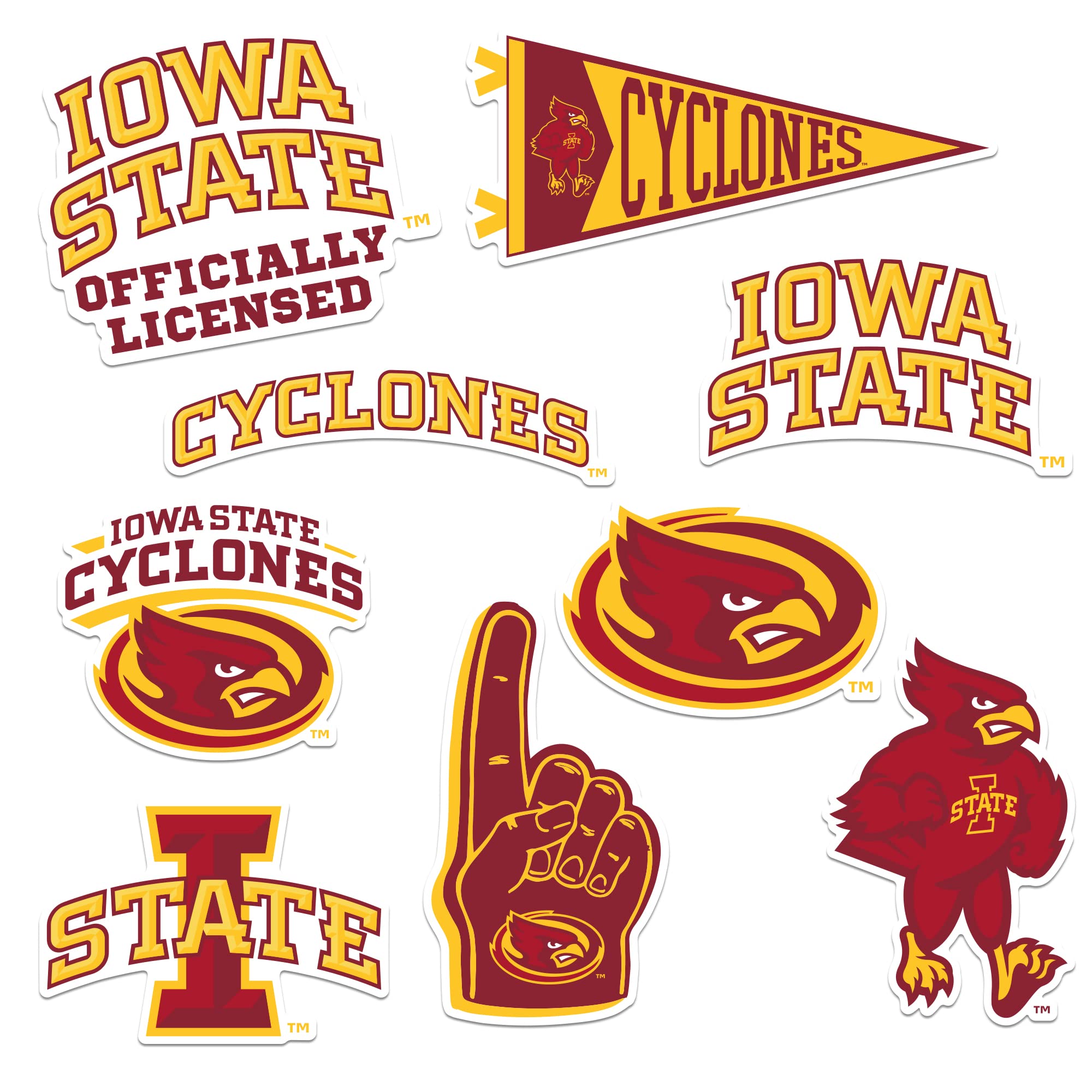 Iowa State University Vinyl Sticker Pack – 8 Waterproof Cyclones Logos, Mascot, Pennant & Wordmark Decals for Laptop, Water Bottle, Tablet, Car,