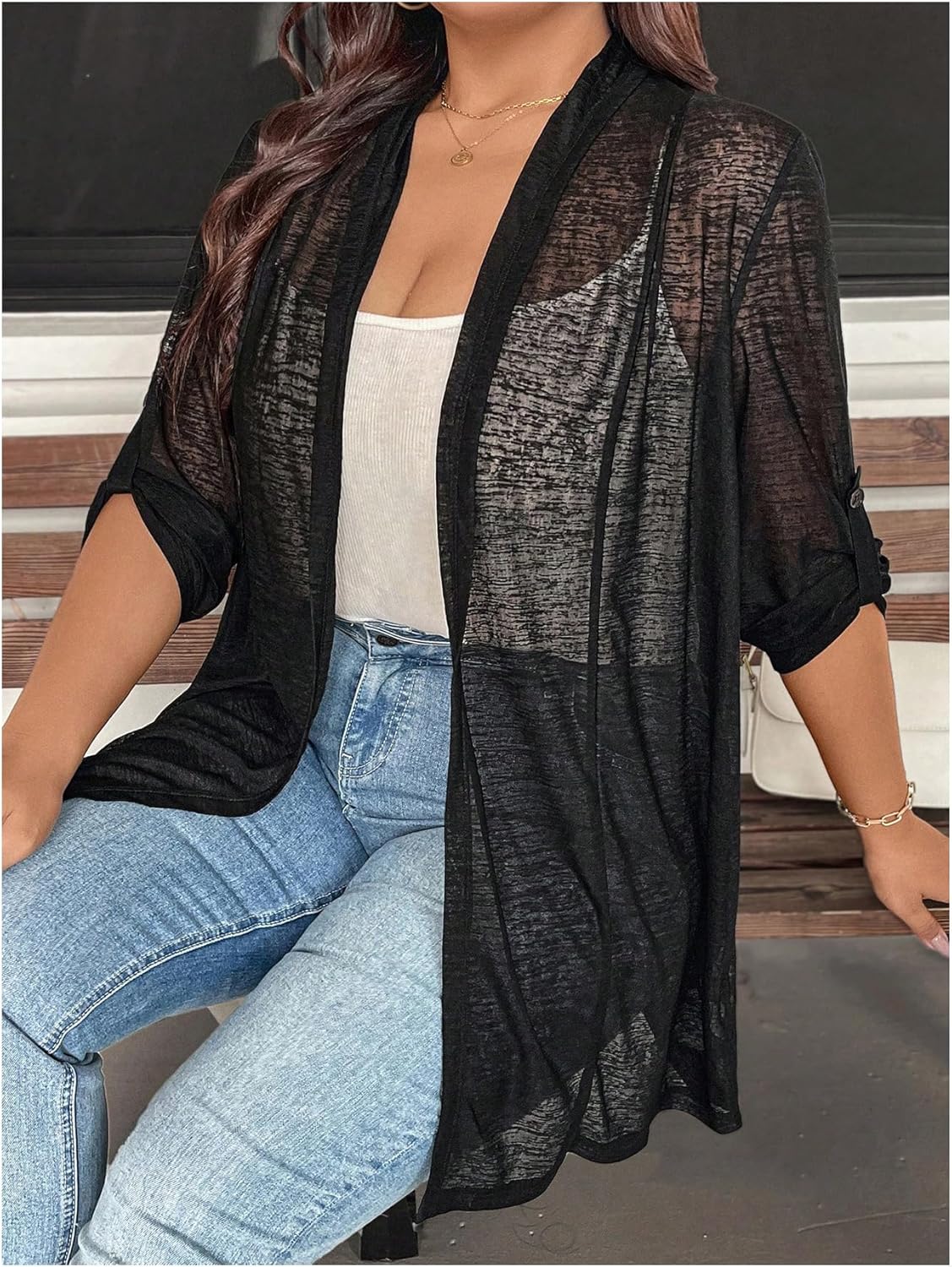 MakeMeChic Women's Plus Size Cardigan Long Sleeve Open Front Sheer Lightweight Sweater - Image 5