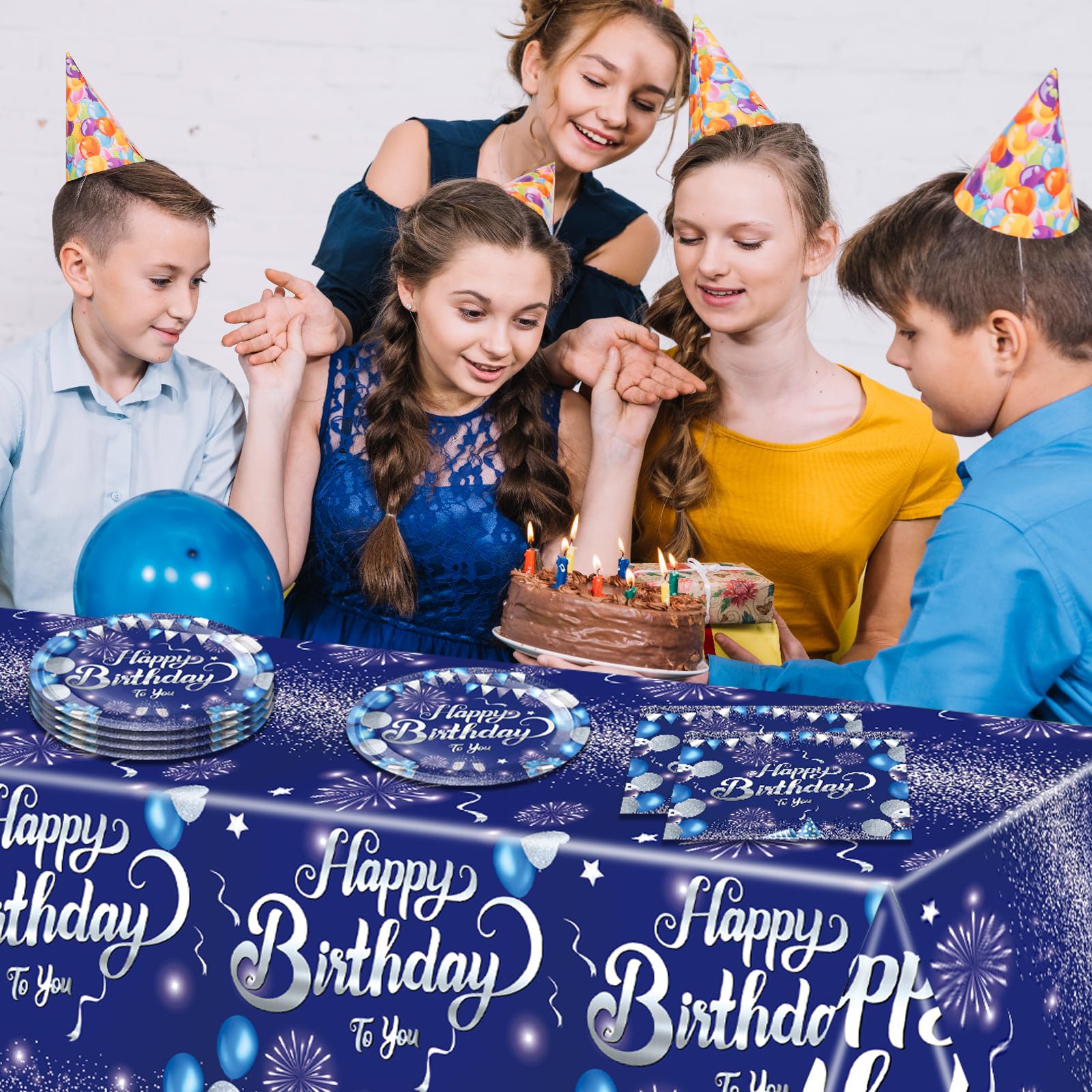 41 piezas de decoraciones de feliz cumpleaños azul marino para hombres y mujeres, platos y servilletas de feliz cumpleaños, suministros de fiesta para 20 invitados, mantel azul de feliz cumpleaños