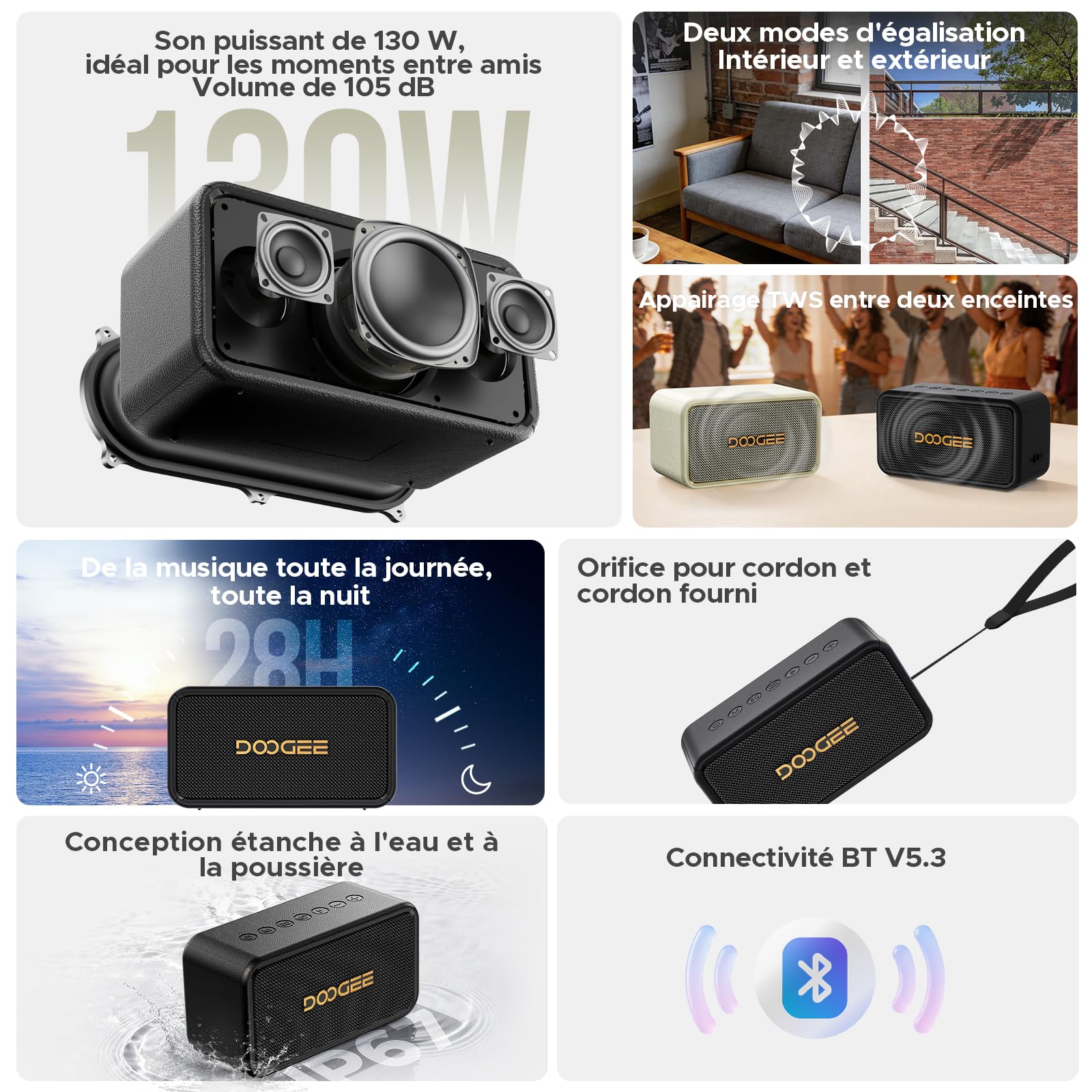 Enceinte Bluetooth Puissante, 130W Peak avec Basses Renforcées, Haut-parleurs sans Fil Portable avec 70W Subwoofer, Autonomie 28H, IP67 Etanche, EQ, TWS, USB-C, AUX, pour Camping/Extérieur/Plage/Fêtes