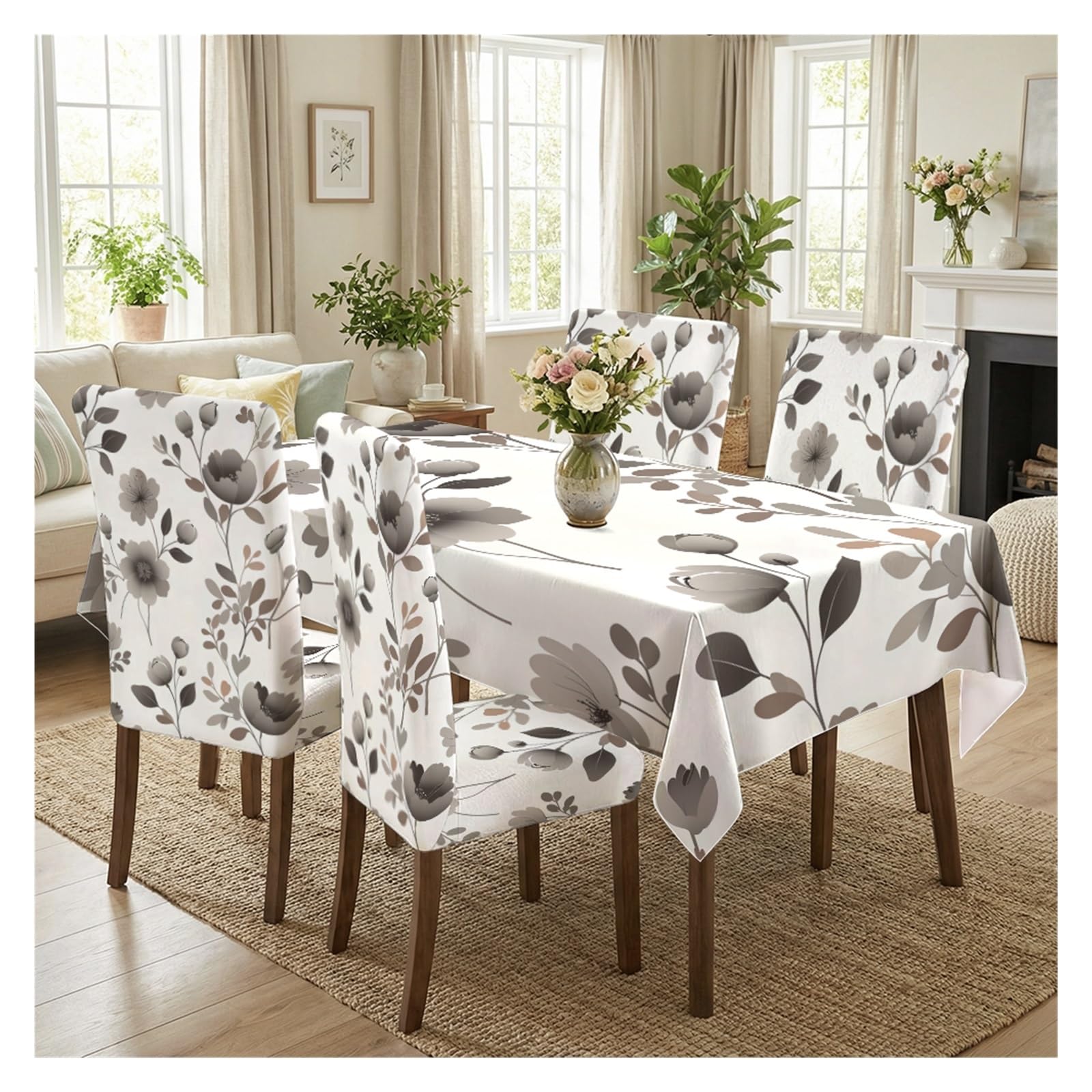 KXUAUV Minimalist Brown Grey Sketch Floral Dining Tablecloth & Chair Covers Set, 5/7 Piece Neutral Elegant Modern Farmhouse Dining Home Decor Party Decor(5pcs Set: Tablecloth+Chair Covers)