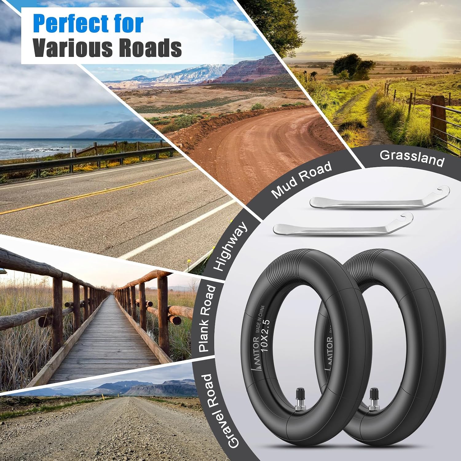 2Pcs 10x2.50 Electric Scooter Tire with 2 Tyre Levers, 10 Inch Thicker Inner Tube with Straight Silver Valves, 60/70-6.5 Tube Compatible with Nine-bot MAX G30 G30P G30LP/Kugoo M4 M4Pro/Soflow So4 Pro