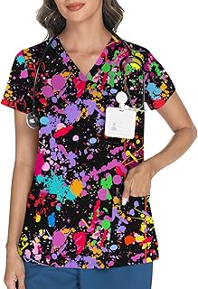 LOMON Women's V Neck Printed Scrub Top with 3 Pockets