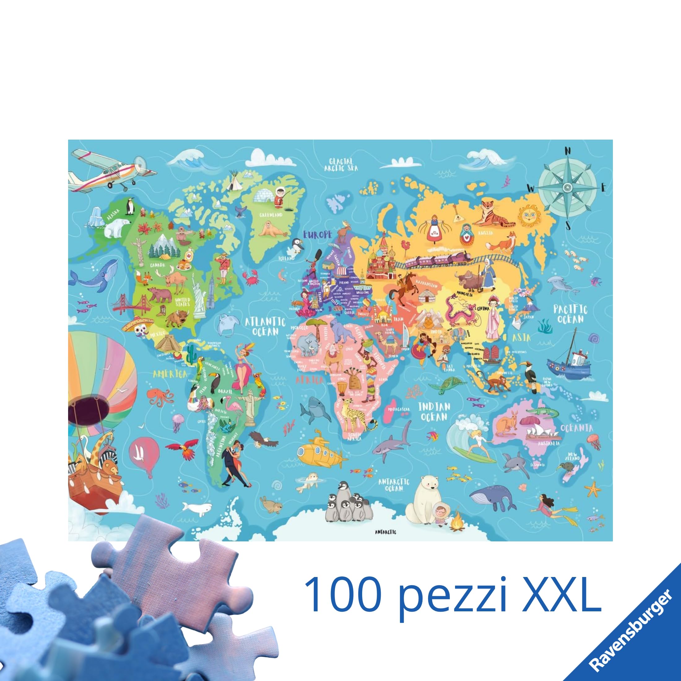 Ravensburger - Puzzles XXL Mappa Del Mondo | Puzzle 6 Anni In Su | Puzzle 100 Pezzi Per Bambini Da 6 Anni In Su | Puzzle Bambini 36 X 49 Cm | Puzzles stitch bambina
