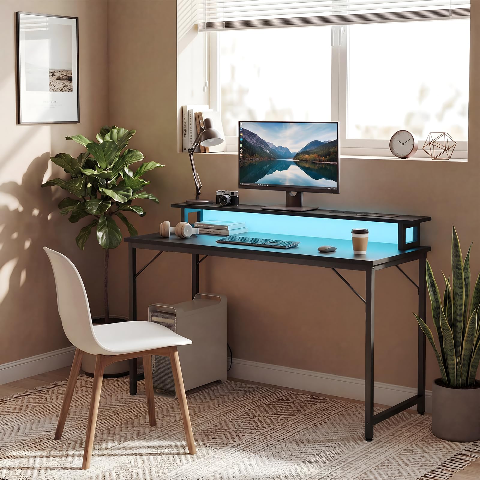iSunirm Mesa Gaming con LED y Enchufes 120x50cm, Escritorio Gaming con Soporte para Monitor y Puertos USB, Escritorio Pequeño para Ordenador para Habitación y Oficina, Negro